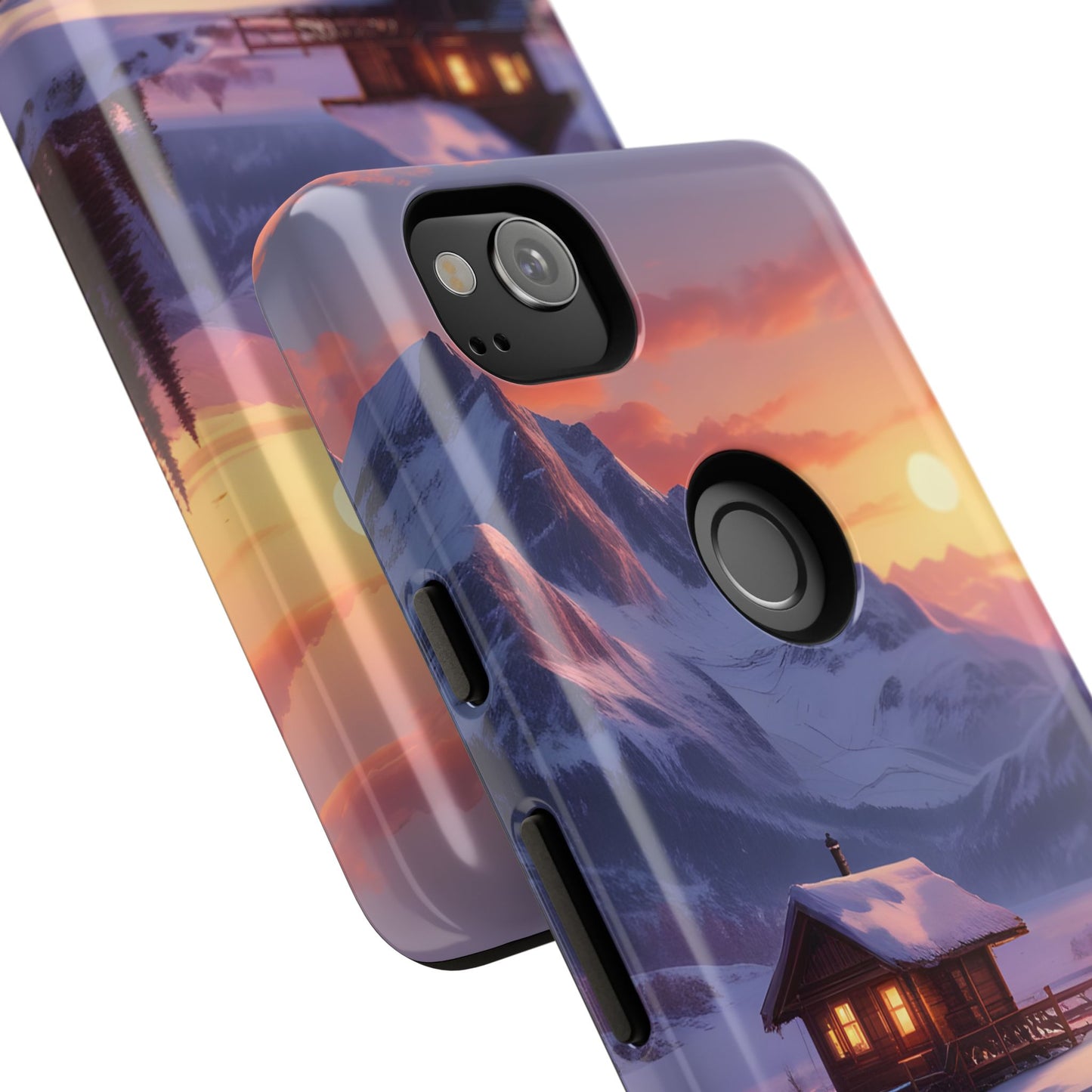 Carcasa para teléfono con diseño de cabaña en la montaña nevada, fundas resistentes para amantes de la naturaleza, cubierta de teléfono con paisaje pintoresco, regalo para excursionistas, accesorio para aventuras al aire libre.