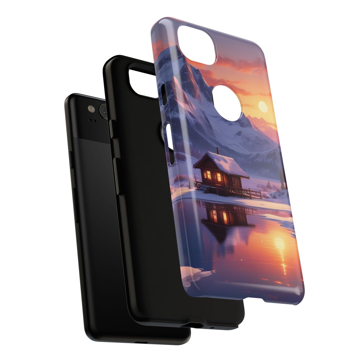 Carcasa para teléfono con diseño de cabaña en la montaña nevada, fundas resistentes para amantes de la naturaleza, cubierta de teléfono con paisaje pintoresco, regalo para excursionistas, accesorio para aventuras al aire libre.