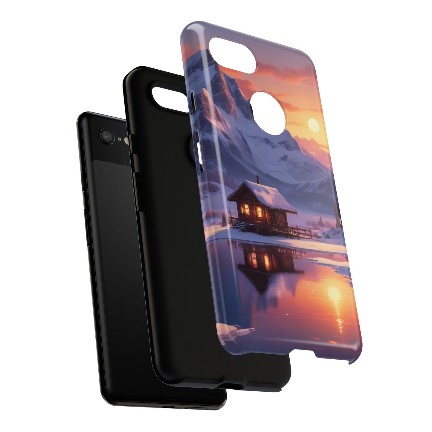 Carcasa para teléfono con diseño de cabaña en la montaña nevada, fundas resistentes para amantes de la naturaleza, cubierta de teléfono con paisaje pintoresco, regalo para excursionistas, accesorio para aventuras al aire libre.