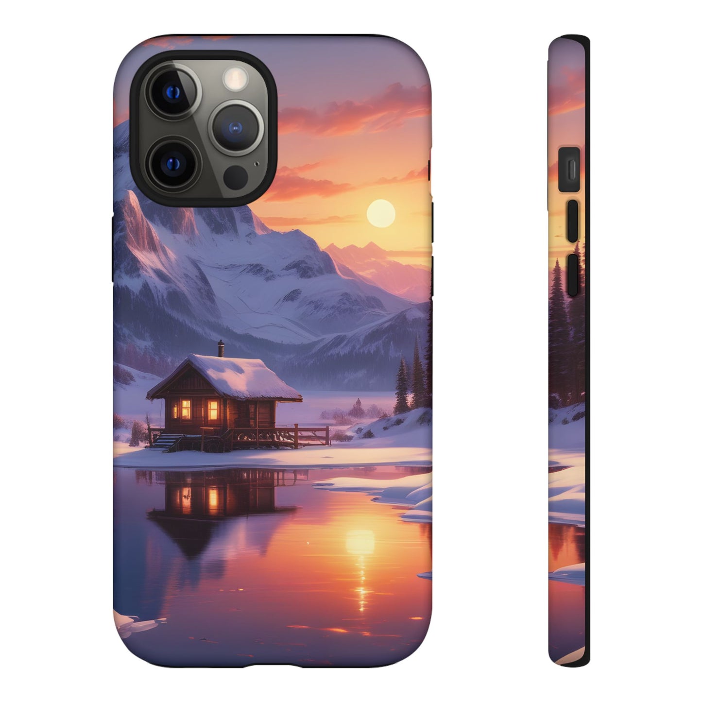 Carcasa para teléfono con diseño de cabaña en la montaña nevada, fundas resistentes para amantes de la naturaleza, cubierta de teléfono con paisaje pintoresco, regalo para excursionistas, accesorio para aventuras al aire libre.
