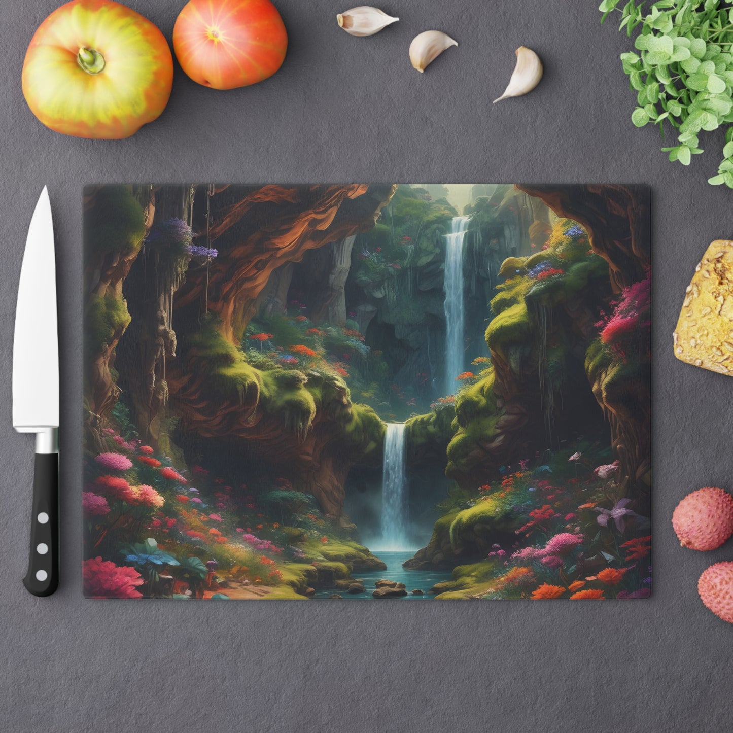 Waterfall Forest Cutting Board — Enchanted Nature Glass Chopping Board