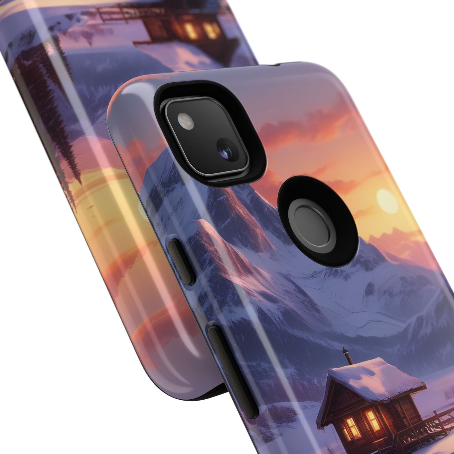 Carcasa para teléfono con diseño de cabaña en la montaña nevada, fundas resistentes para amantes de la naturaleza, cubierta de teléfono con paisaje pintoresco, regalo para excursionistas, accesorio para aventuras al aire libre.