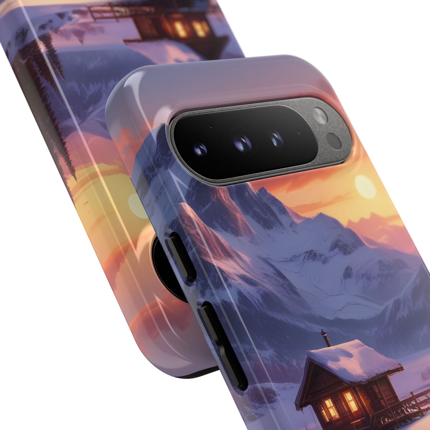 Carcasa para teléfono con diseño de cabaña en la montaña nevada, fundas resistentes para amantes de la naturaleza, cubierta de teléfono con paisaje pintoresco, regalo para excursionistas, accesorio para aventuras al aire libre.