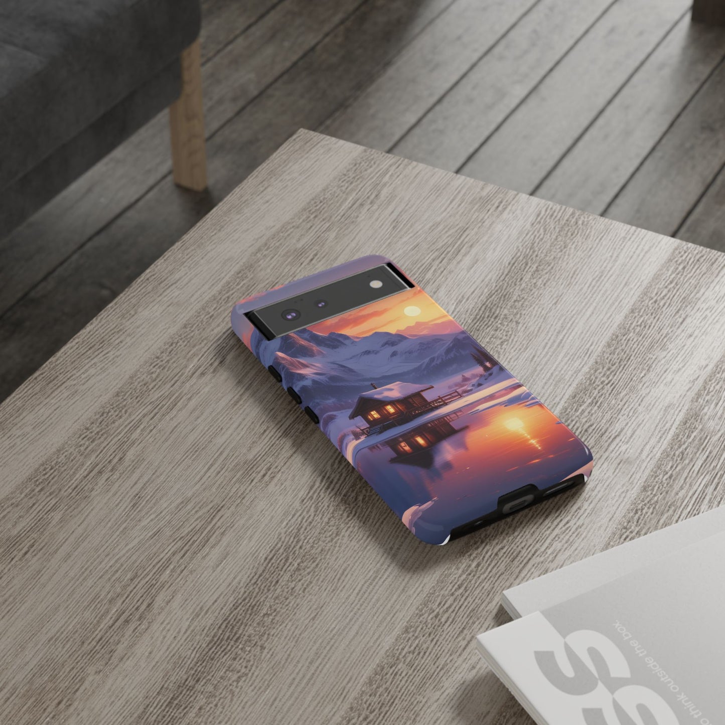 Carcasa para teléfono con diseño de cabaña en la montaña nevada, fundas resistentes para amantes de la naturaleza, cubierta de teléfono con paisaje pintoresco, regalo para excursionistas, accesorio para aventuras al aire libre.