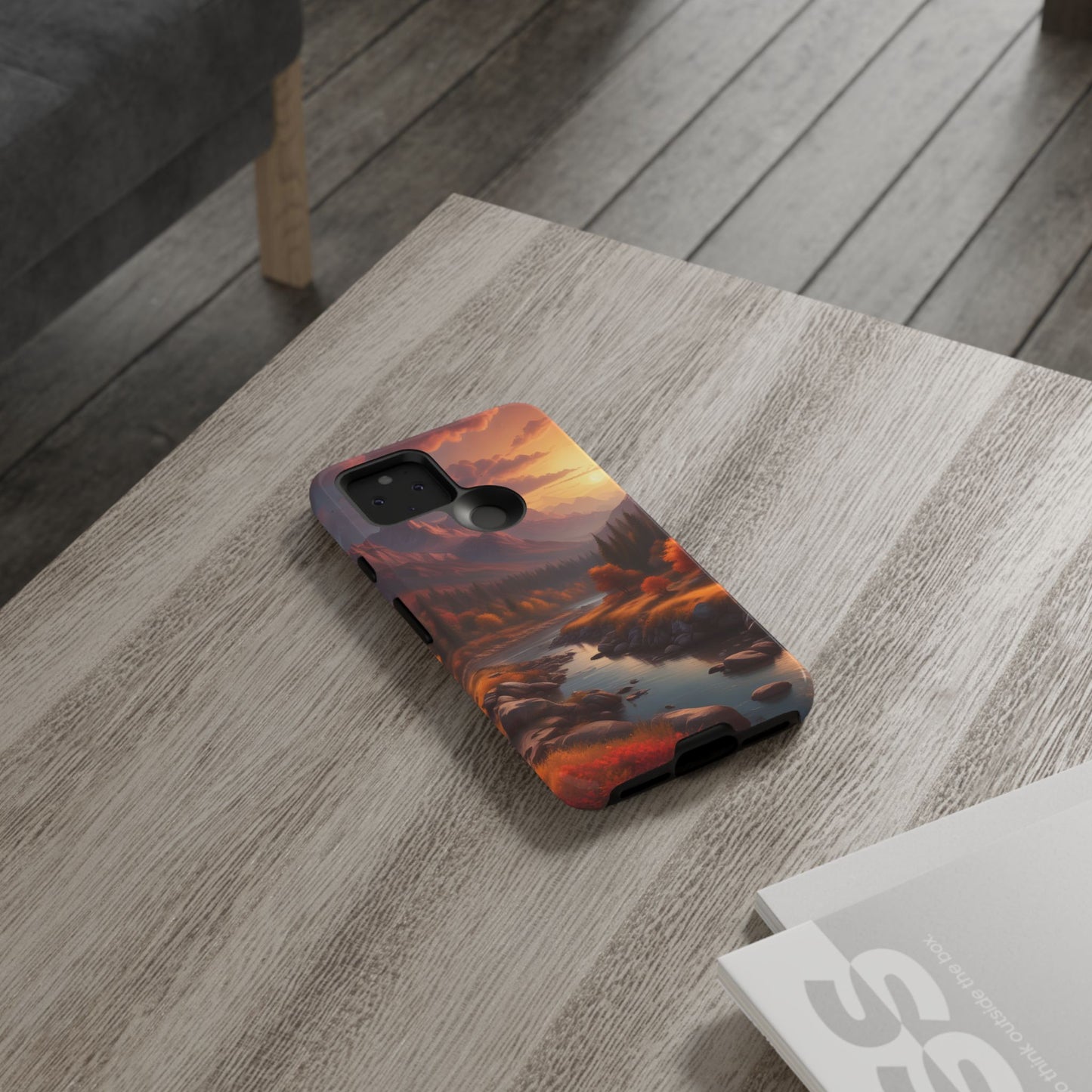 Carcasa para teléfono con diseño de atardecer otoñal en la montaña, regalo para amantes de la naturaleza, funda resistente para teléfono, accesorio para aventuras al aire libre, funda con arte paisajístico.