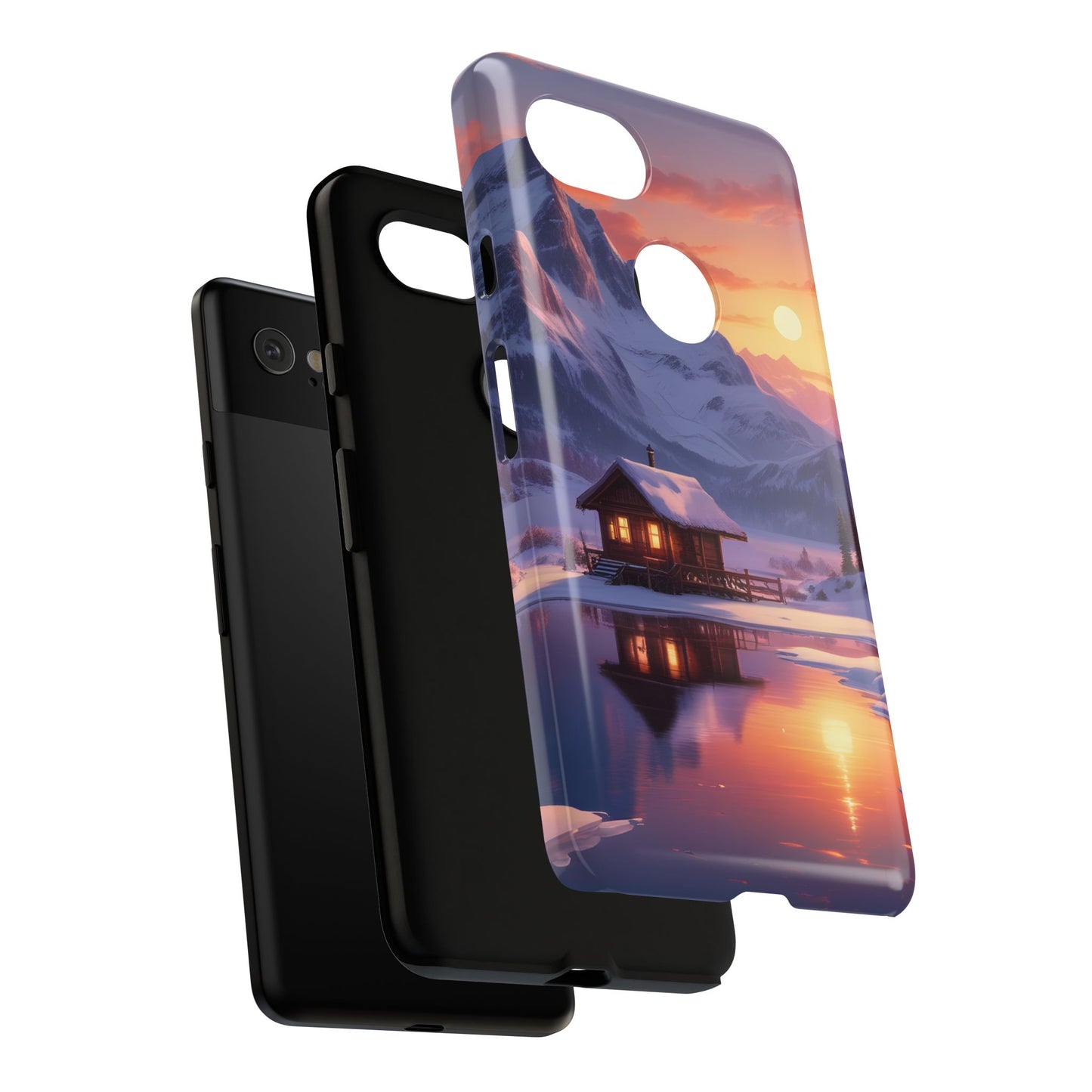 Carcasa para teléfono con diseño de cabaña en la montaña nevada, fundas resistentes para amantes de la naturaleza, cubierta de teléfono con paisaje pintoresco, regalo para excursionistas, accesorio para aventuras al aire libre.