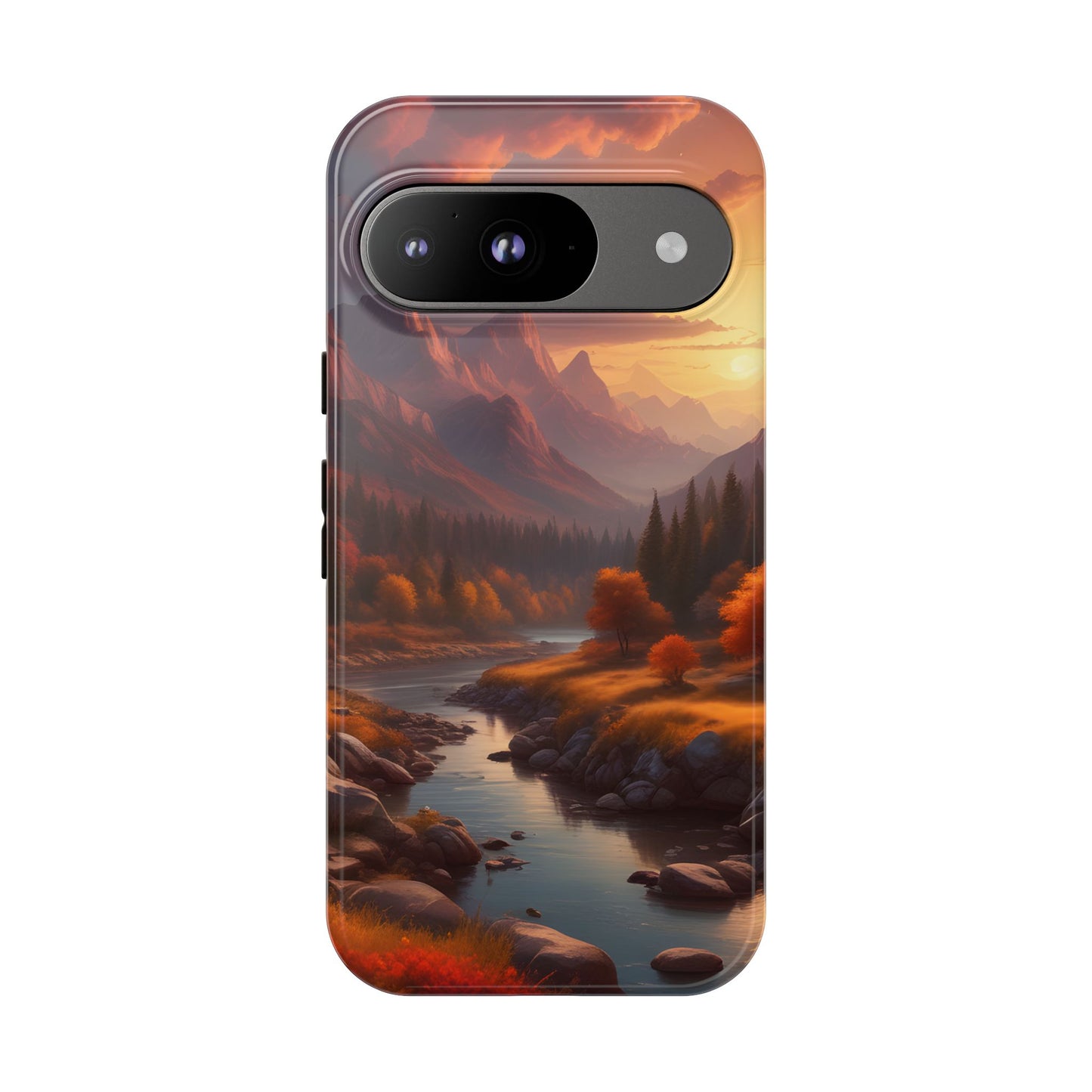 Carcasa para teléfono con diseño de atardecer otoñal en la montaña, regalo para amantes de la naturaleza, funda resistente para teléfono, accesorio para aventuras al aire libre, funda con arte paisajístico.