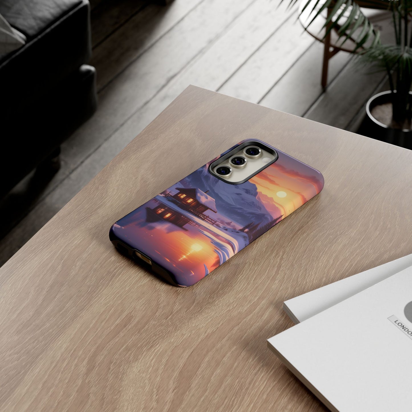 Carcasa para teléfono con diseño de cabaña en la montaña nevada, fundas resistentes para amantes de la naturaleza, cubierta de teléfono con paisaje pintoresco, regalo para excursionistas, accesorio para aventuras al aire libre.