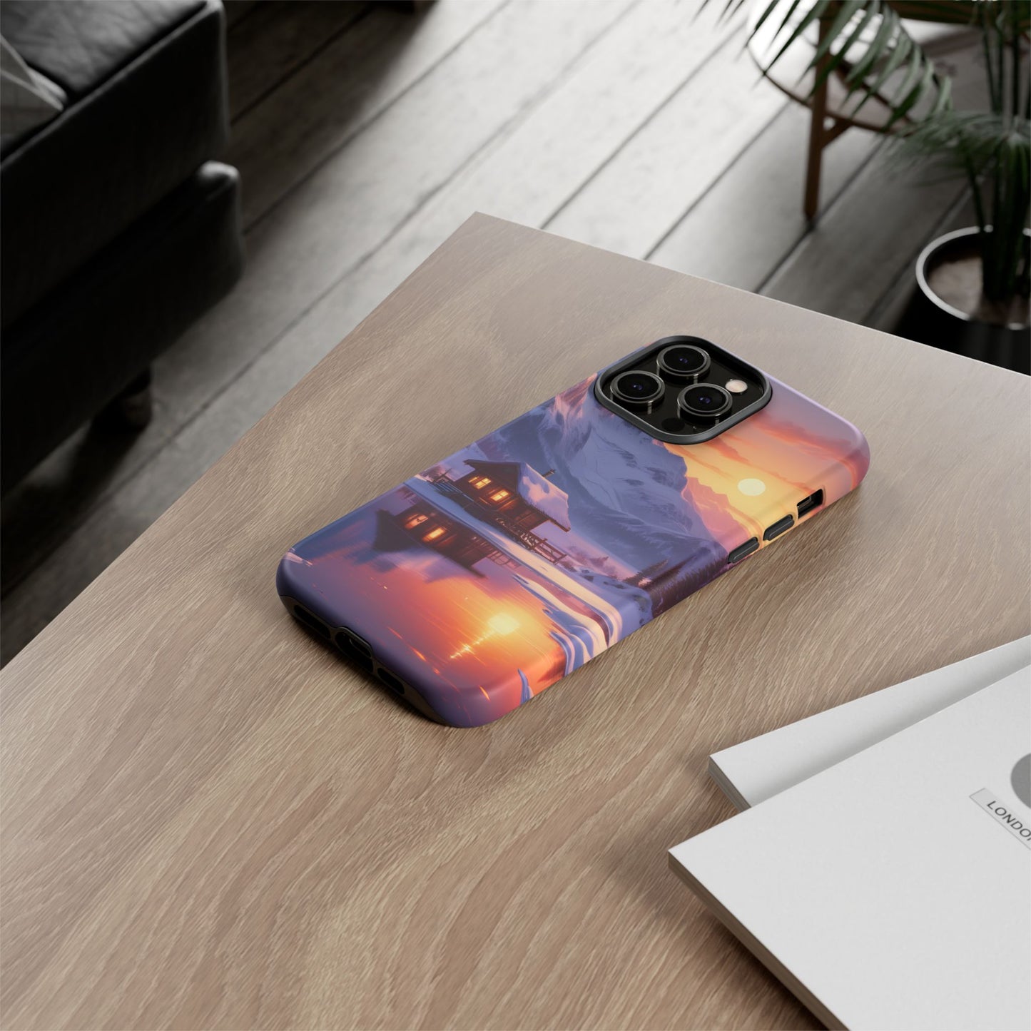 Carcasa para teléfono con diseño de cabaña en la montaña nevada, fundas resistentes para amantes de la naturaleza, cubierta de teléfono con paisaje pintoresco, regalo para excursionistas, accesorio para aventuras al aire libre.