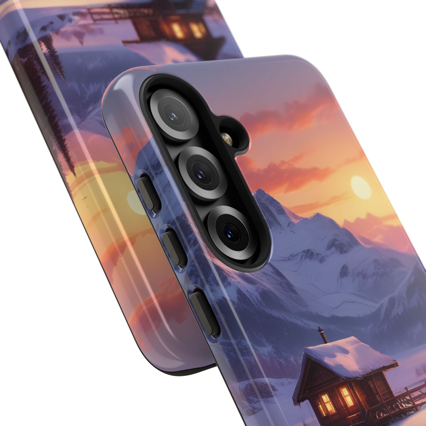 Carcasa para teléfono con diseño de cabaña en la montaña nevada, fundas resistentes para amantes de la naturaleza, cubierta de teléfono con paisaje pintoresco, regalo para excursionistas, accesorio para aventuras al aire libre.