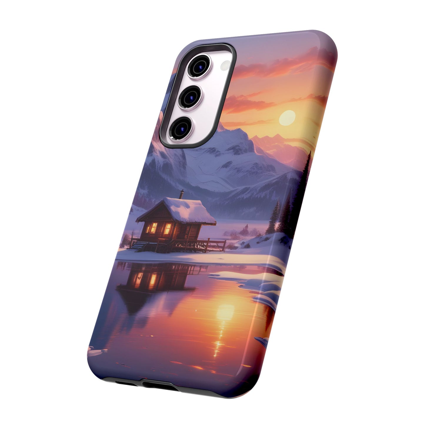 Carcasa para teléfono con diseño de cabaña en la montaña nevada, fundas resistentes para amantes de la naturaleza, cubierta de teléfono con paisaje pintoresco, regalo para excursionistas, accesorio para aventuras al aire libre.