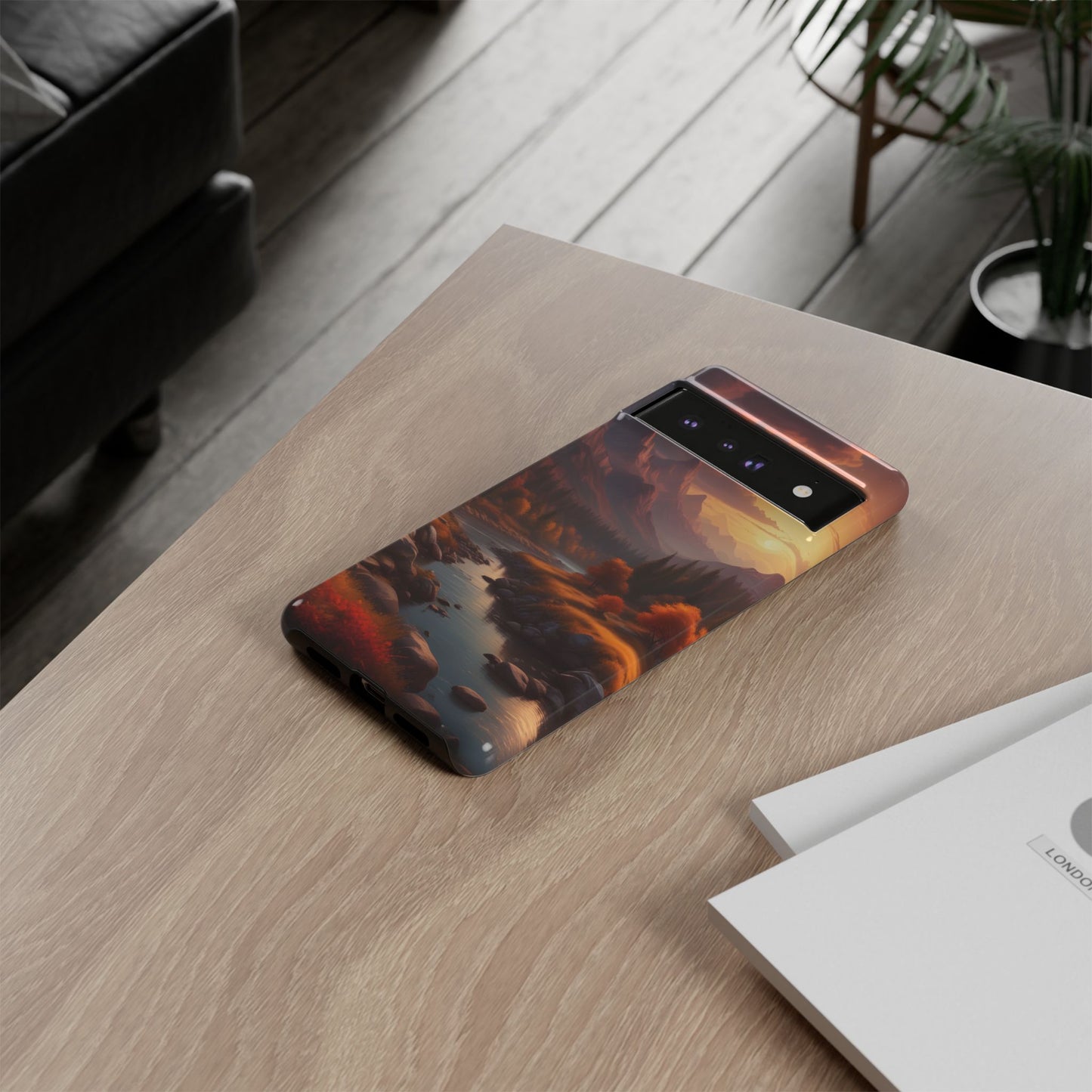 Carcasa para teléfono con diseño de atardecer otoñal en la montaña, regalo para amantes de la naturaleza, funda resistente para teléfono, accesorio para aventuras al aire libre, funda con arte paisajístico.