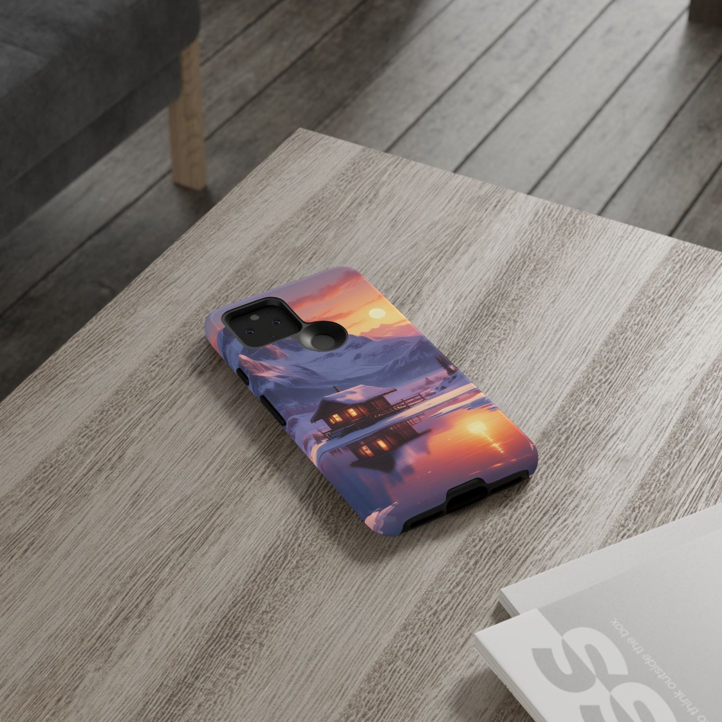 Carcasa para teléfono con diseño de cabaña en la montaña nevada, fundas resistentes para amantes de la naturaleza, cubierta de teléfono con paisaje pintoresco, regalo para excursionistas, accesorio para aventuras al aire libre.