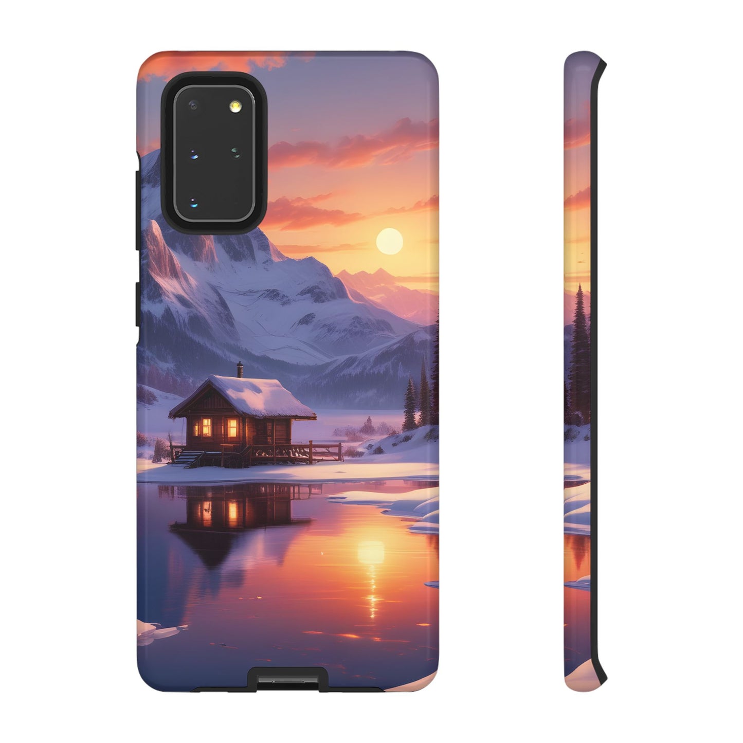 Carcasa para teléfono con diseño de cabaña en la montaña nevada, fundas resistentes para amantes de la naturaleza, cubierta de teléfono con paisaje pintoresco, regalo para excursionistas, accesorio para aventuras al aire libre.