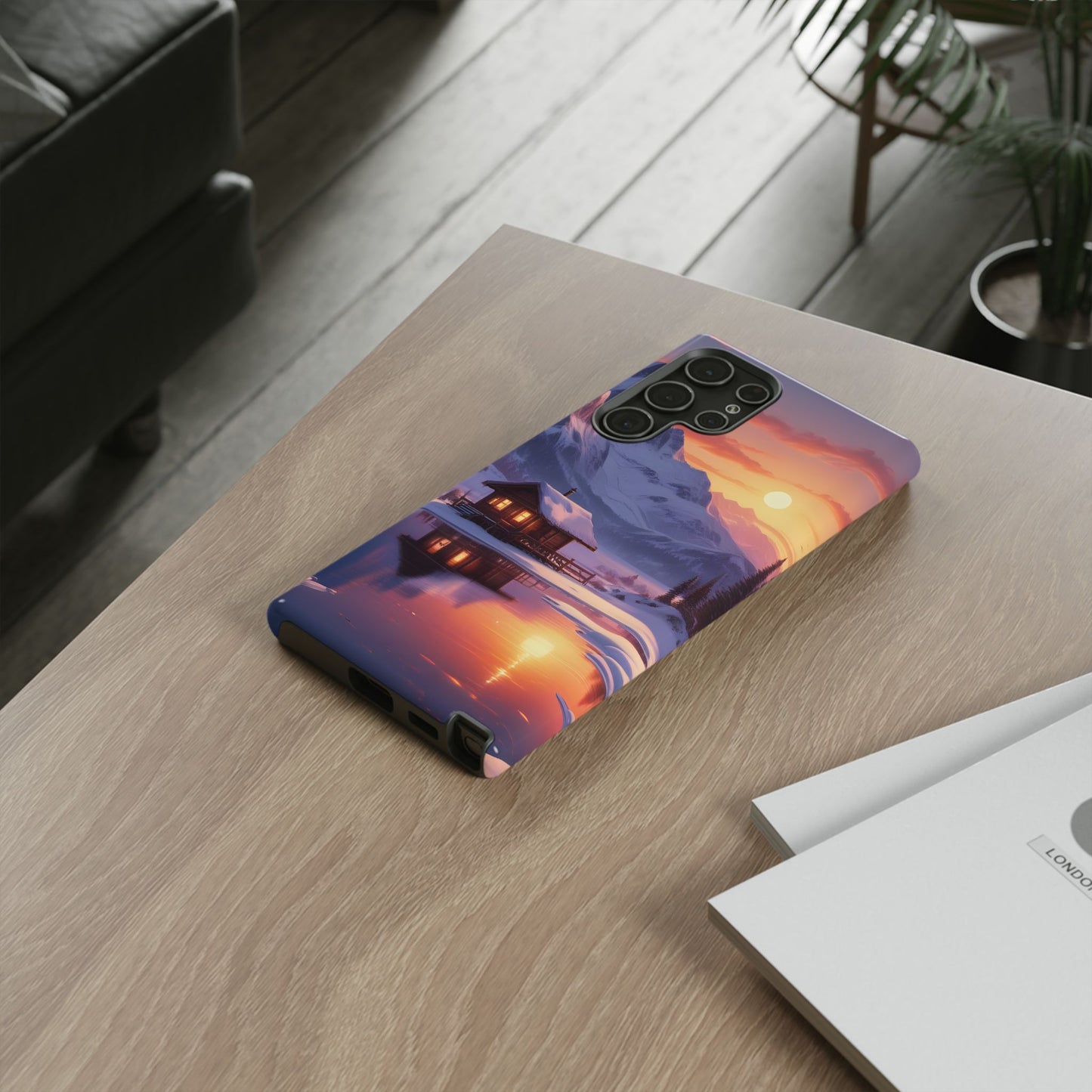 Carcasa para teléfono con diseño de cabaña en la montaña nevada, fundas resistentes para amantes de la naturaleza, cubierta de teléfono con paisaje pintoresco, regalo para excursionistas, accesorio para aventuras al aire libre.