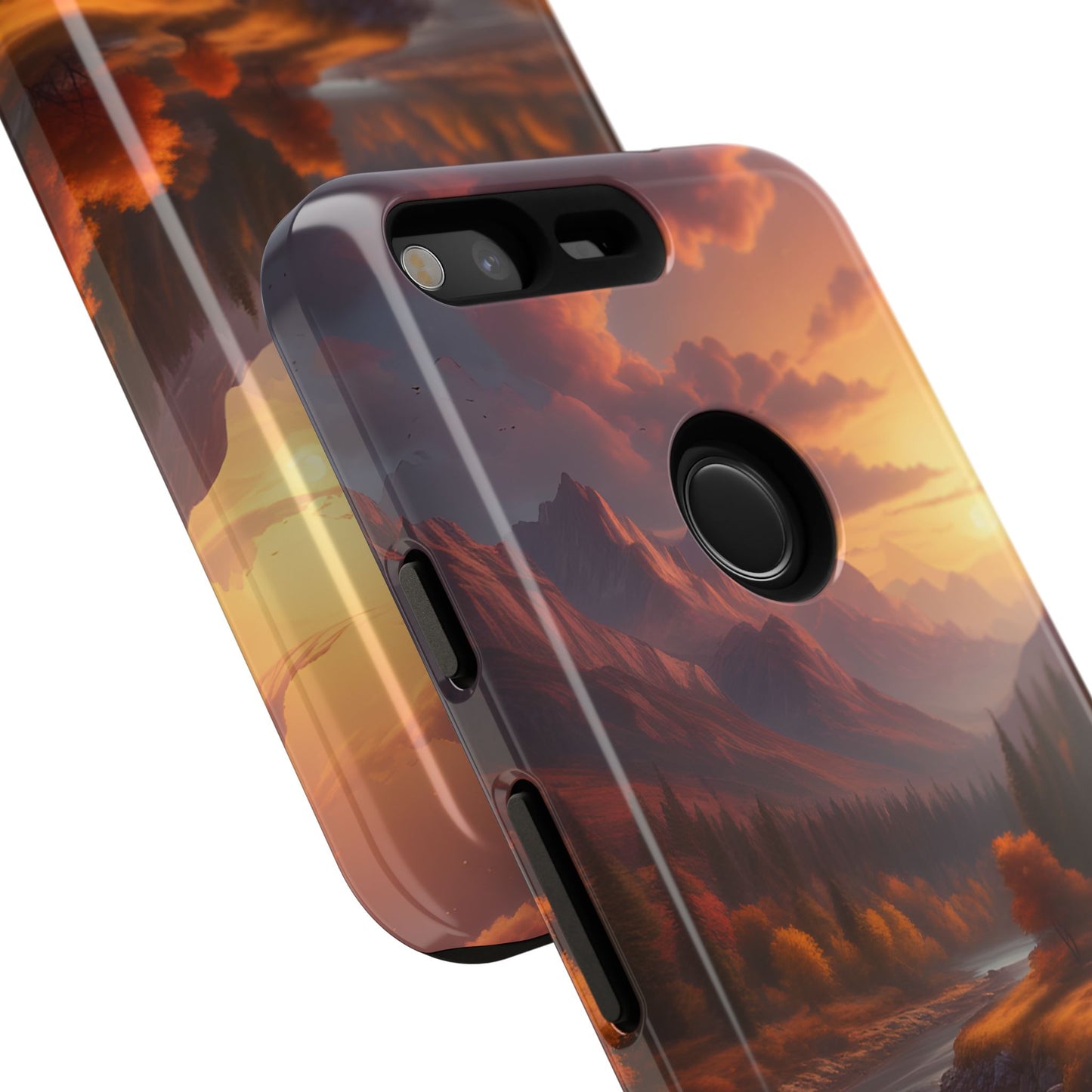 Carcasa para teléfono con diseño de atardecer otoñal en la montaña, regalo para amantes de la naturaleza, funda resistente para teléfono, accesorio para aventuras al aire libre, funda con arte paisajístico.