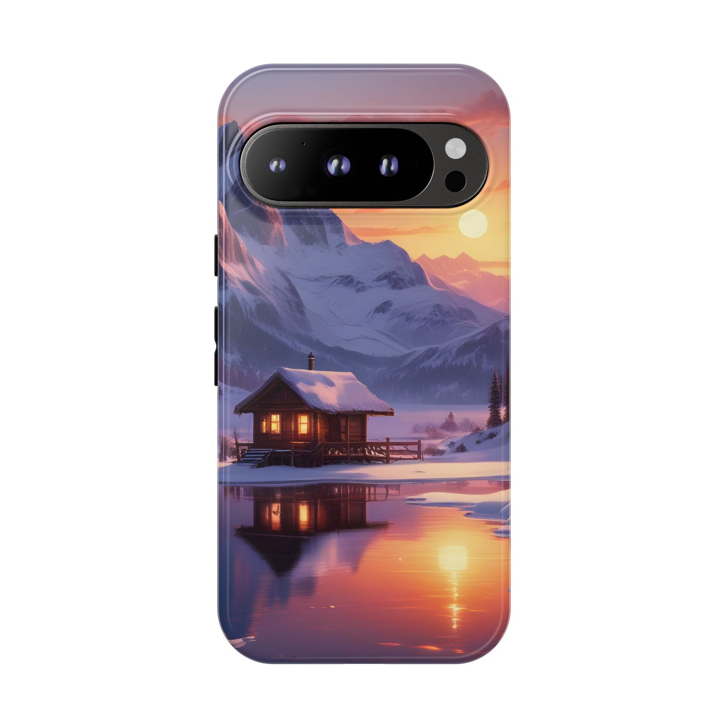 Carcasa para teléfono con diseño de cabaña en la montaña nevada, fundas resistentes para amantes de la naturaleza, cubierta de teléfono con paisaje pintoresco, regalo para excursionistas, accesorio para aventuras al aire libre.