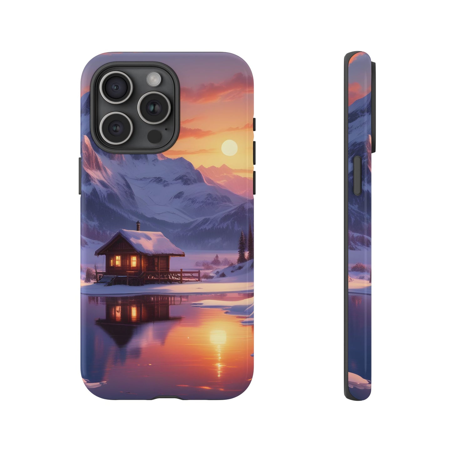 Carcasa para teléfono con diseño de cabaña en la montaña nevada, fundas resistentes para amantes de la naturaleza, cubierta de teléfono con paisaje pintoresco, regalo para excursionistas, accesorio para aventuras al aire libre.