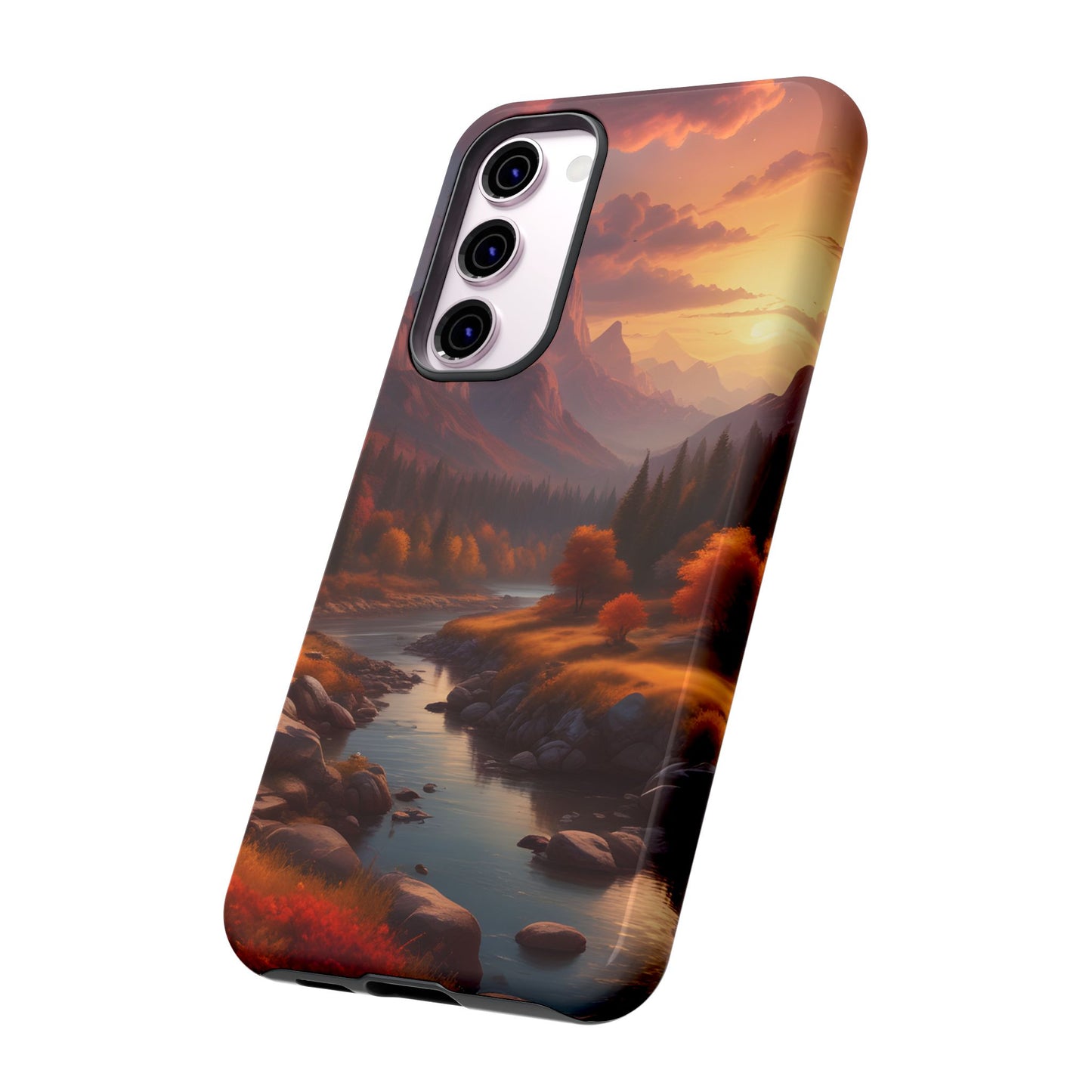Carcasa para teléfono con diseño de atardecer otoñal en la montaña, regalo para amantes de la naturaleza, funda resistente para teléfono, accesorio para aventuras al aire libre, funda con arte paisajístico.