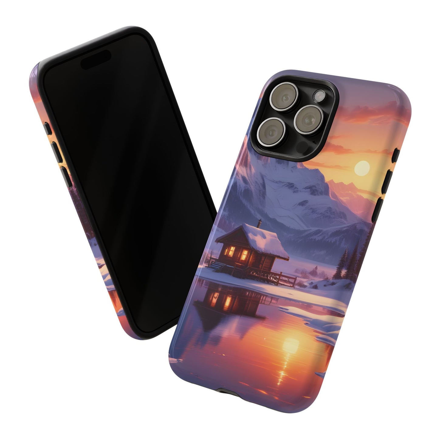 Carcasa para teléfono con diseño de cabaña en la montaña nevada, fundas resistentes para amantes de la naturaleza, cubierta de teléfono con paisaje pintoresco, regalo para excursionistas, accesorio para aventuras al aire libre.