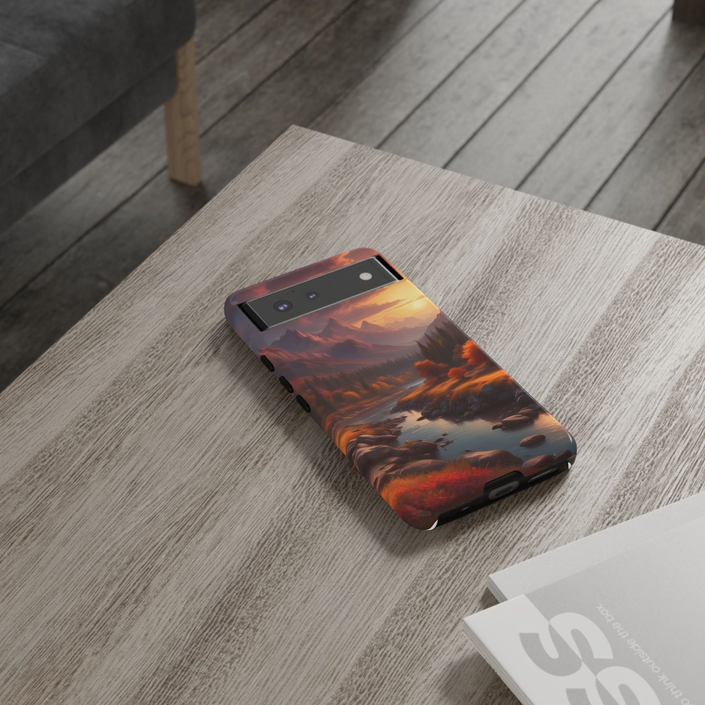 Carcasa para teléfono con diseño de atardecer otoñal en la montaña, regalo para amantes de la naturaleza, funda resistente para teléfono, accesorio para aventuras al aire libre, funda con arte paisajístico.