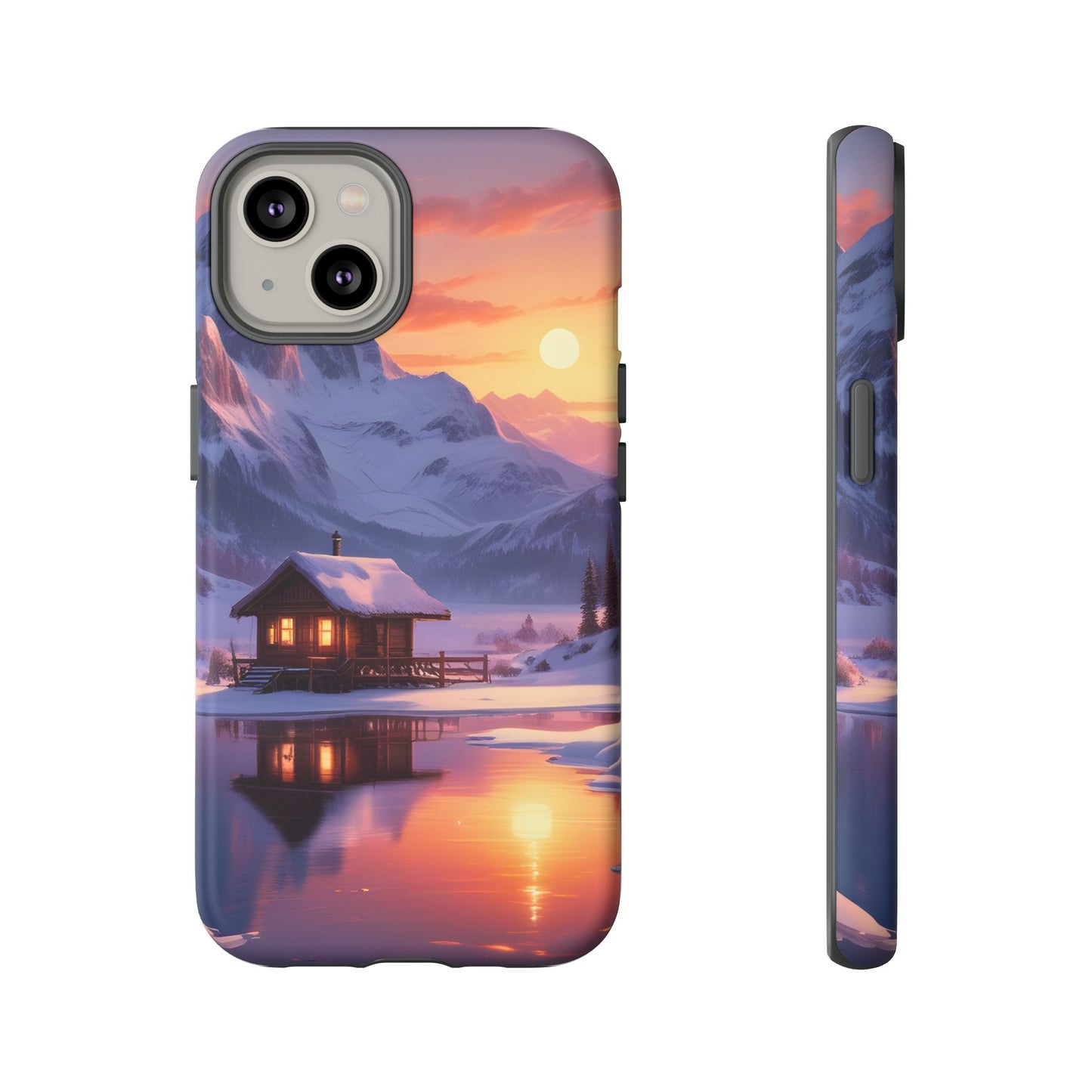 Carcasa para teléfono con diseño de cabaña en la montaña nevada, fundas resistentes para amantes de la naturaleza, cubierta de teléfono con paisaje pintoresco, regalo para excursionistas, accesorio para aventuras al aire libre.