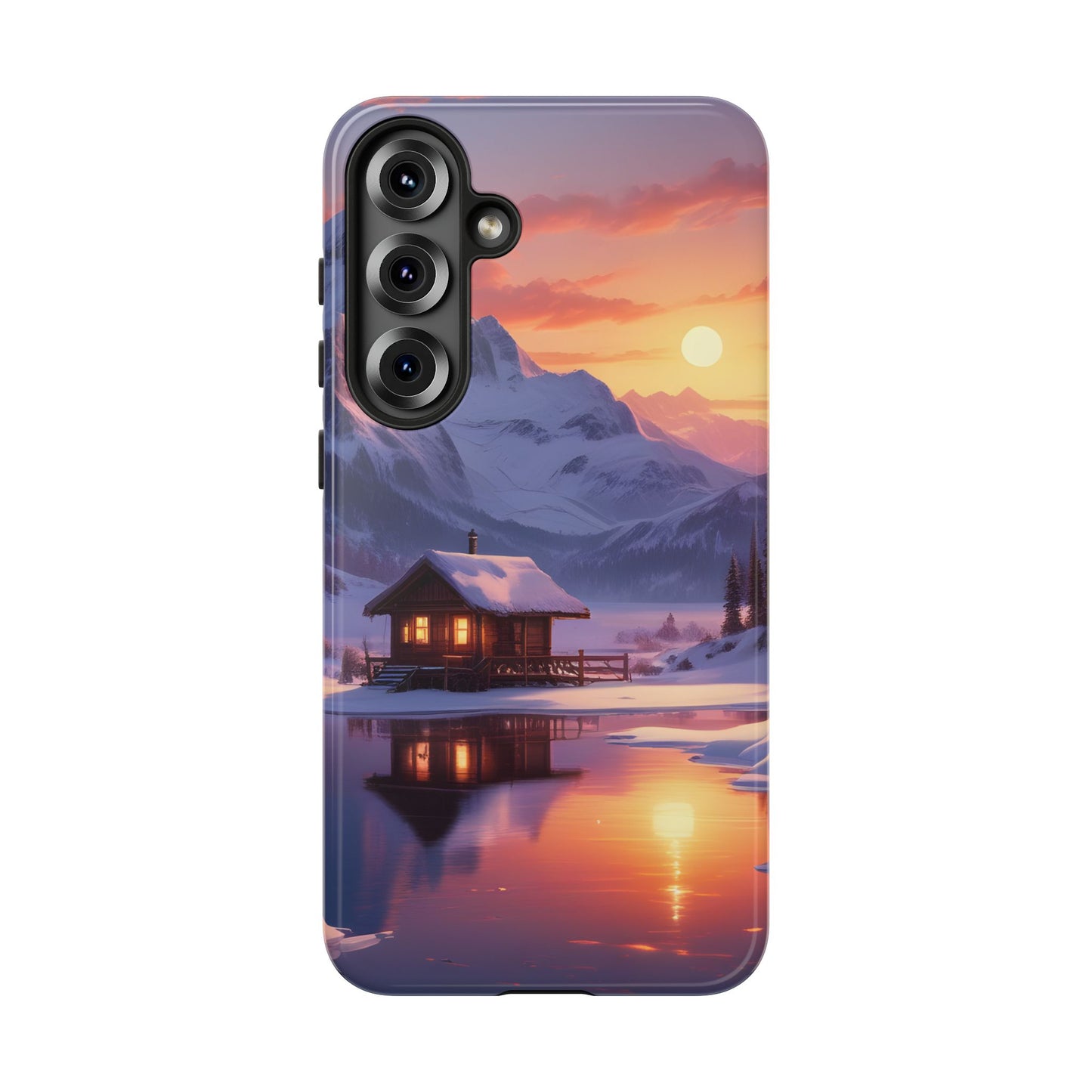 Carcasa para teléfono con diseño de cabaña en la montaña nevada, fundas resistentes para amantes de la naturaleza, cubierta de teléfono con paisaje pintoresco, regalo para excursionistas, accesorio para aventuras al aire libre.