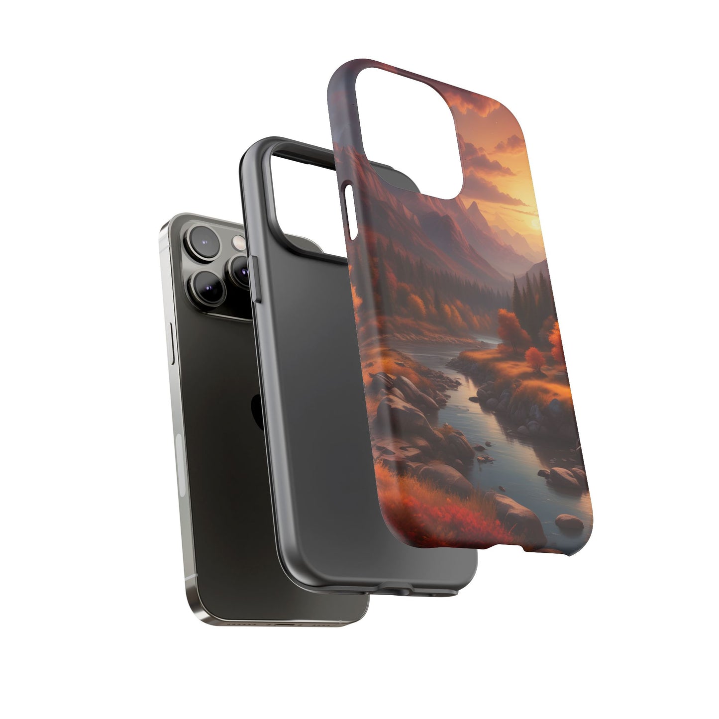 Carcasa para teléfono con diseño de atardecer otoñal en la montaña, regalo para amantes de la naturaleza, funda resistente para teléfono, accesorio para aventuras al aire libre, funda con arte paisajístico.