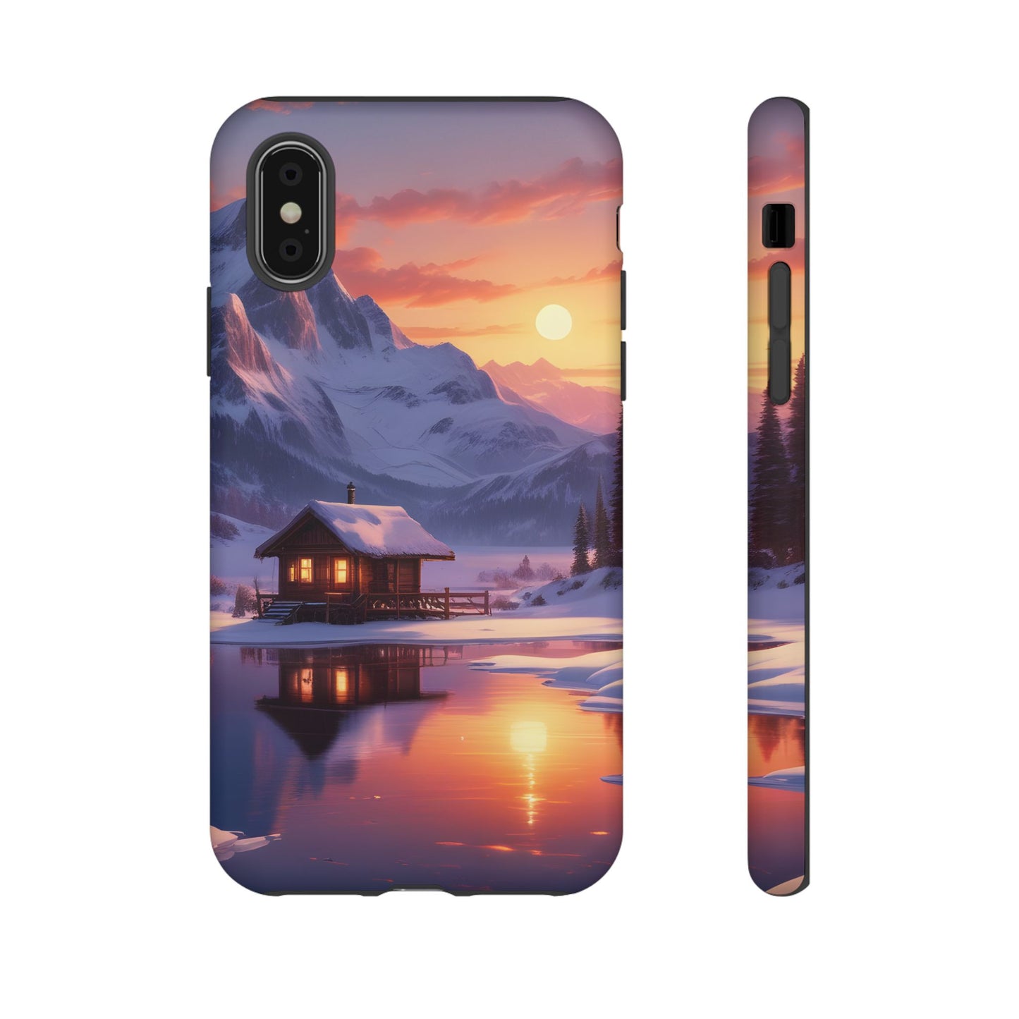 Carcasa para teléfono con diseño de cabaña en la montaña nevada, fundas resistentes para amantes de la naturaleza, cubierta de teléfono con paisaje pintoresco, regalo para excursionistas, accesorio para aventuras al aire libre.