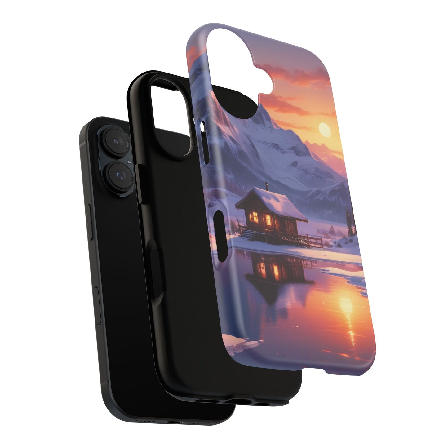 Carcasa para teléfono con diseño de cabaña en la montaña nevada, fundas resistentes para amantes de la naturaleza, cubierta de teléfono con paisaje pintoresco, regalo para excursionistas, accesorio para aventuras al aire libre.