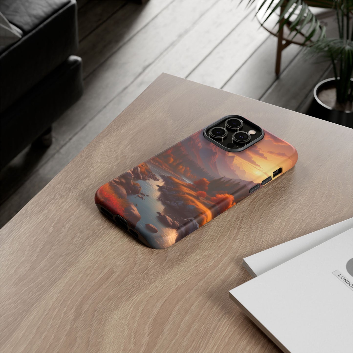 Carcasa para teléfono con diseño de atardecer otoñal en la montaña, regalo para amantes de la naturaleza, funda resistente para teléfono, accesorio para aventuras al aire libre, funda con arte paisajístico.