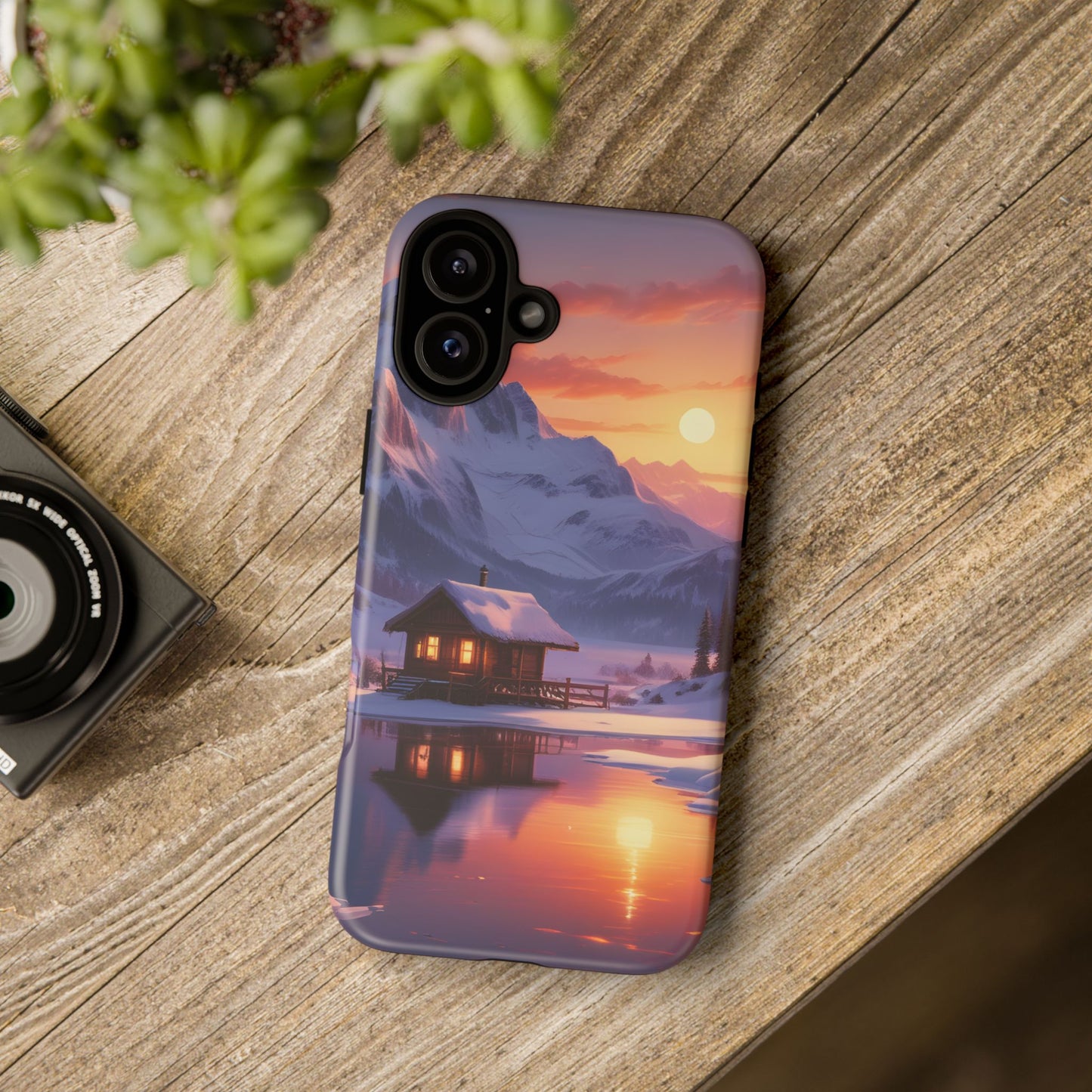 Carcasa para teléfono con diseño de cabaña en la montaña nevada, fundas resistentes para amantes de la naturaleza, cubierta de teléfono con paisaje pintoresco, regalo para excursionistas, accesorio para aventuras al aire libre.