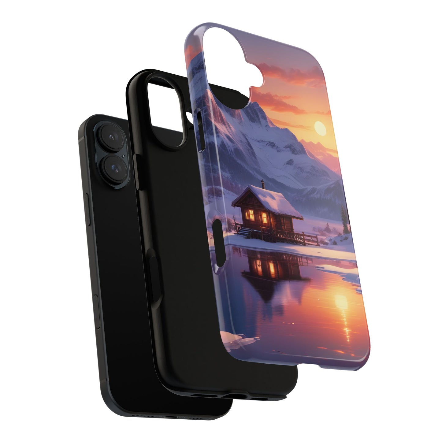 Carcasa para teléfono con diseño de cabaña en la montaña nevada, fundas resistentes para amantes de la naturaleza, cubierta de teléfono con paisaje pintoresco, regalo para excursionistas, accesorio para aventuras al aire libre.