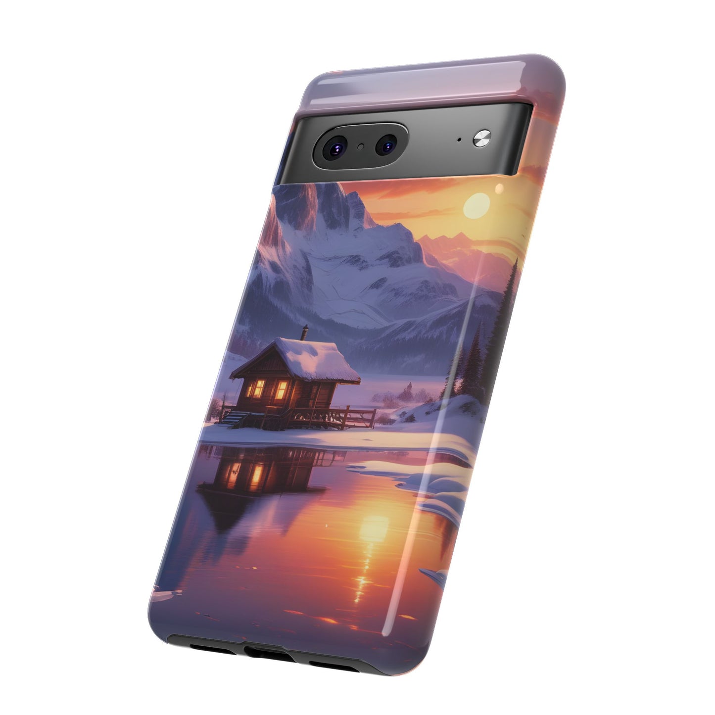 Carcasa para teléfono con diseño de cabaña en la montaña nevada, fundas resistentes para amantes de la naturaleza, cubierta de teléfono con paisaje pintoresco, regalo para excursionistas, accesorio para aventuras al aire libre.