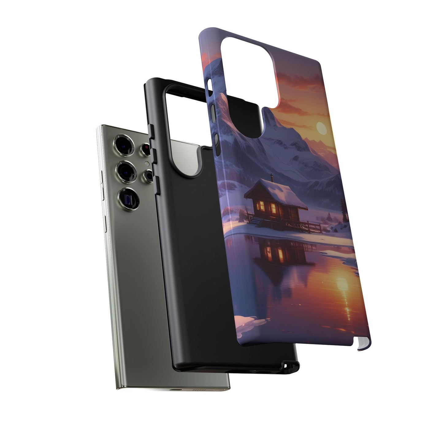 Carcasa para teléfono con diseño de cabaña en la montaña nevada, fundas resistentes para amantes de la naturaleza, cubierta de teléfono con paisaje pintoresco, regalo para excursionistas, accesorio para aventuras al aire libre.