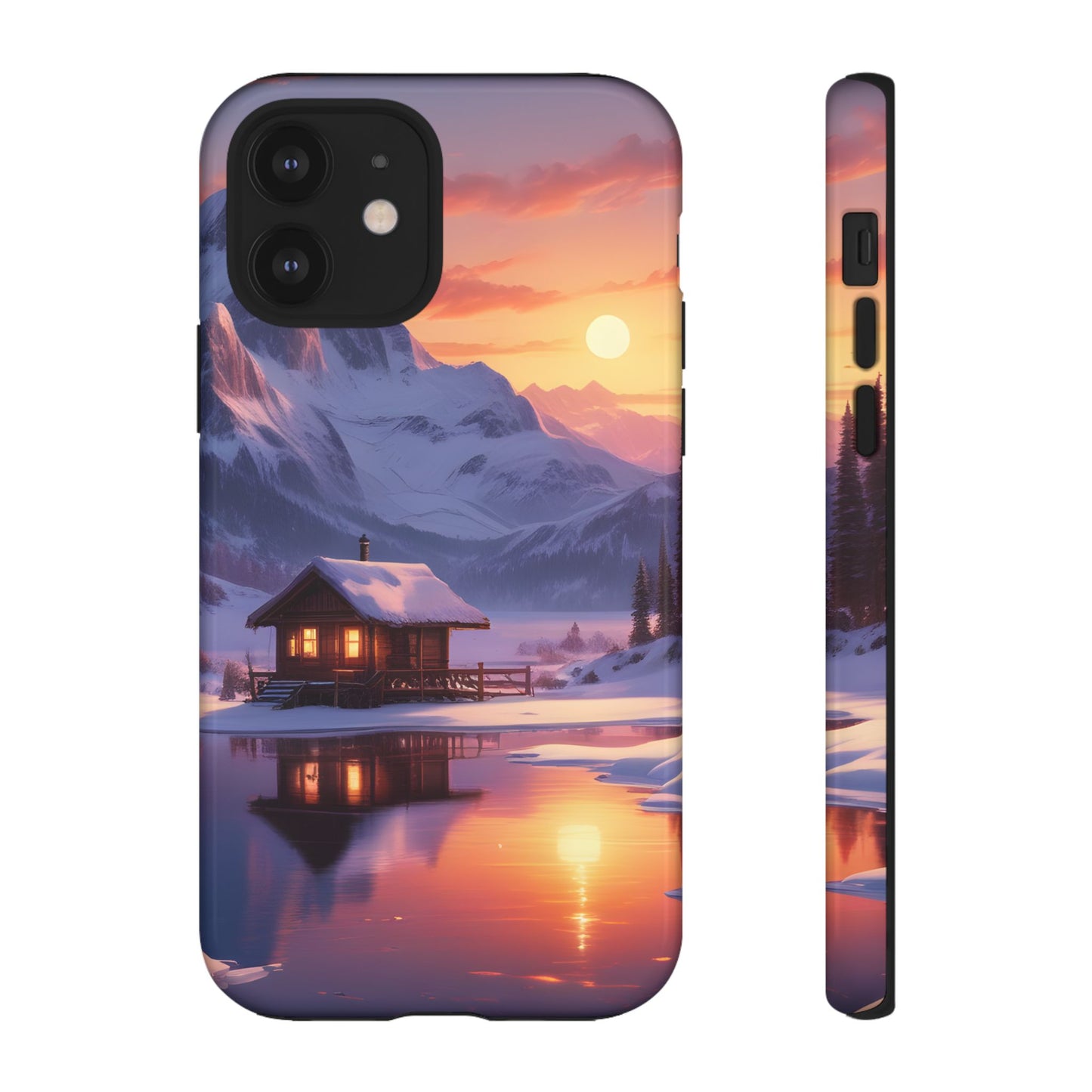 Carcasa para teléfono con diseño de cabaña en la montaña nevada, fundas resistentes para amantes de la naturaleza, cubierta de teléfono con paisaje pintoresco, regalo para excursionistas, accesorio para aventuras al aire libre.