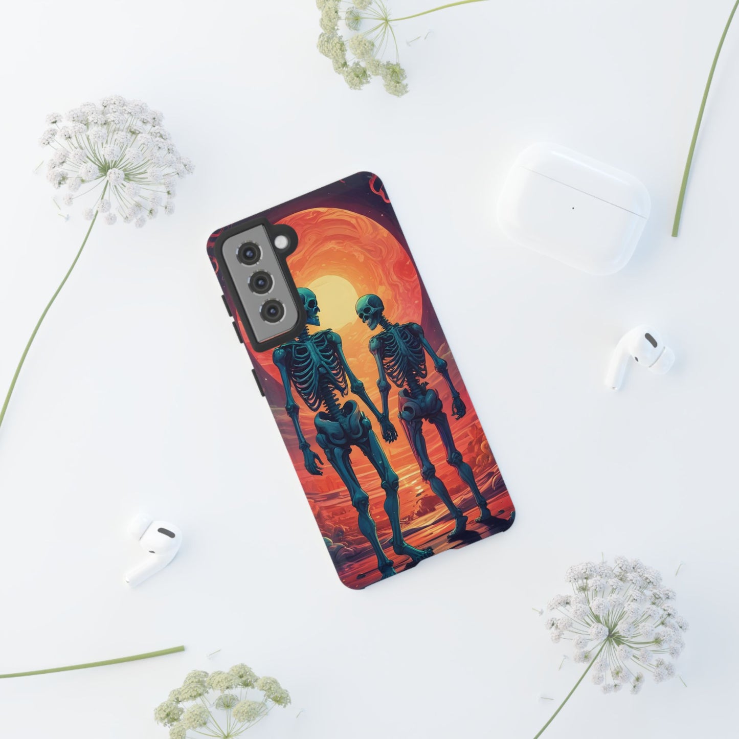 Carcasa de teléfono con esqueletos románticos, funda resistente para teléfono, accesorio de Halloween, regalo único, funda de teléfono para parejas, estética espeluznante.