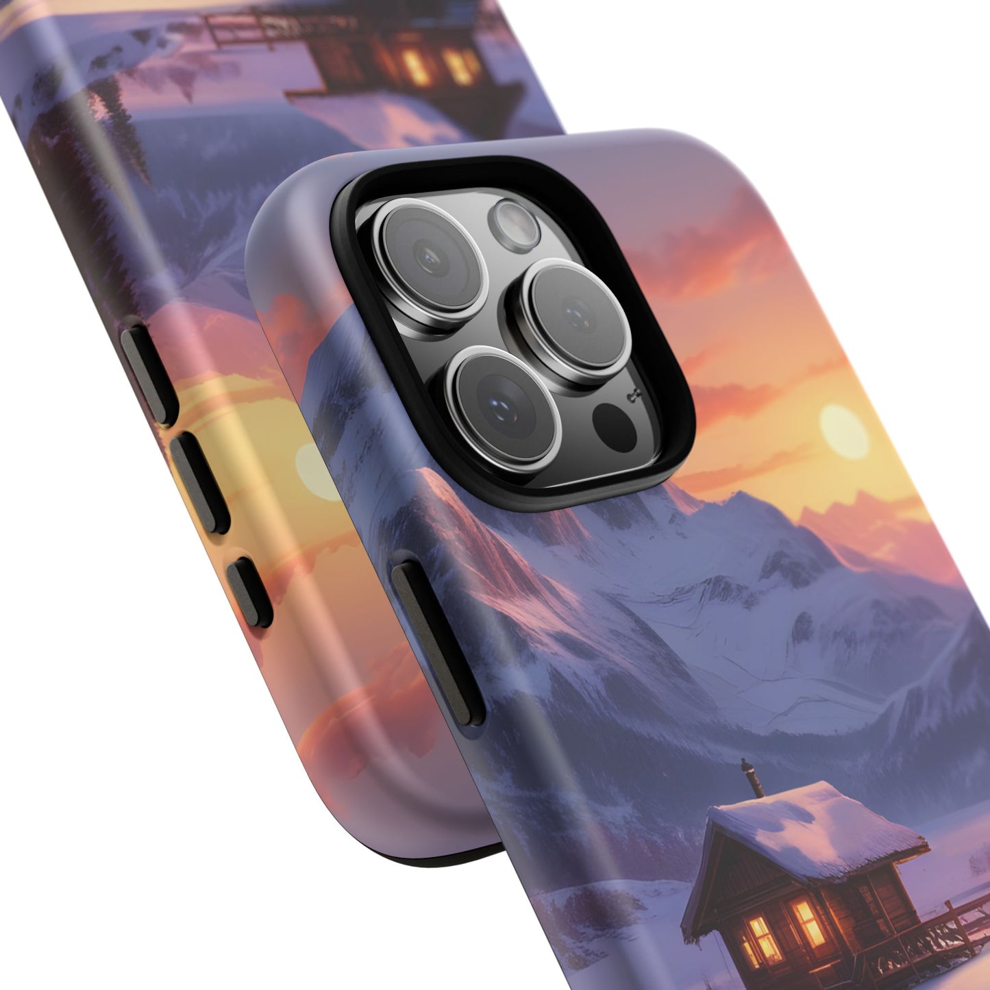 Carcasa para teléfono con diseño de cabaña en la montaña nevada, fundas resistentes para amantes de la naturaleza, cubierta de teléfono con paisaje pintoresco, regalo para excursionistas, accesorio para aventuras al aire libre.