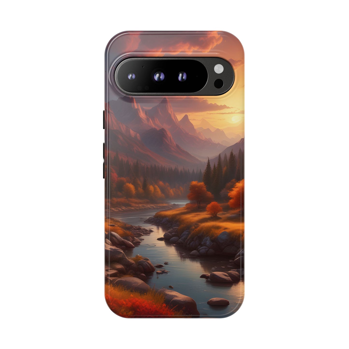Carcasa para teléfono con diseño de atardecer otoñal en la montaña, regalo para amantes de la naturaleza, funda resistente para teléfono, accesorio para aventuras al aire libre, funda con arte paisajístico.