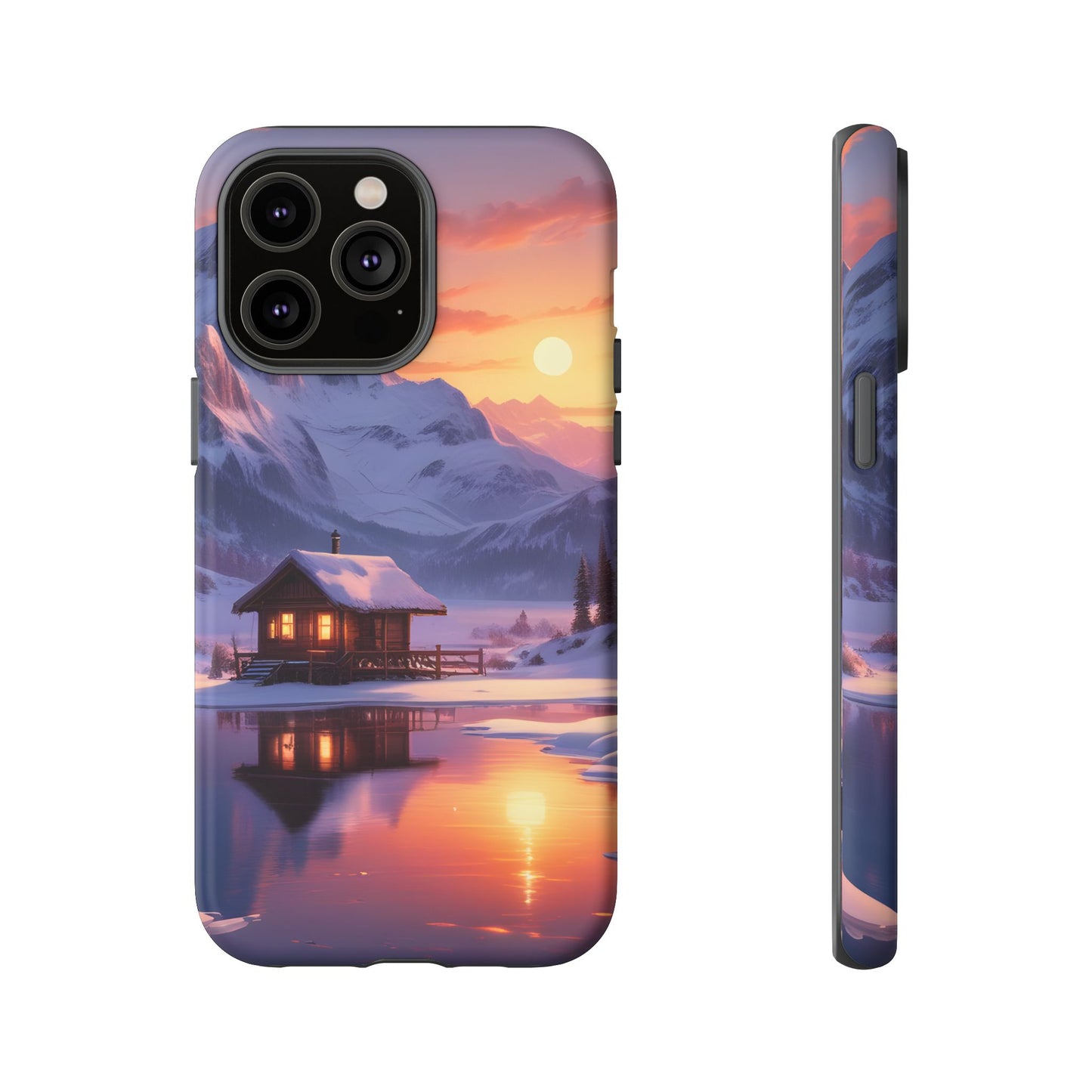 Carcasa para teléfono con diseño de cabaña en la montaña nevada, fundas resistentes para amantes de la naturaleza, cubierta de teléfono con paisaje pintoresco, regalo para excursionistas, accesorio para aventuras al aire libre.