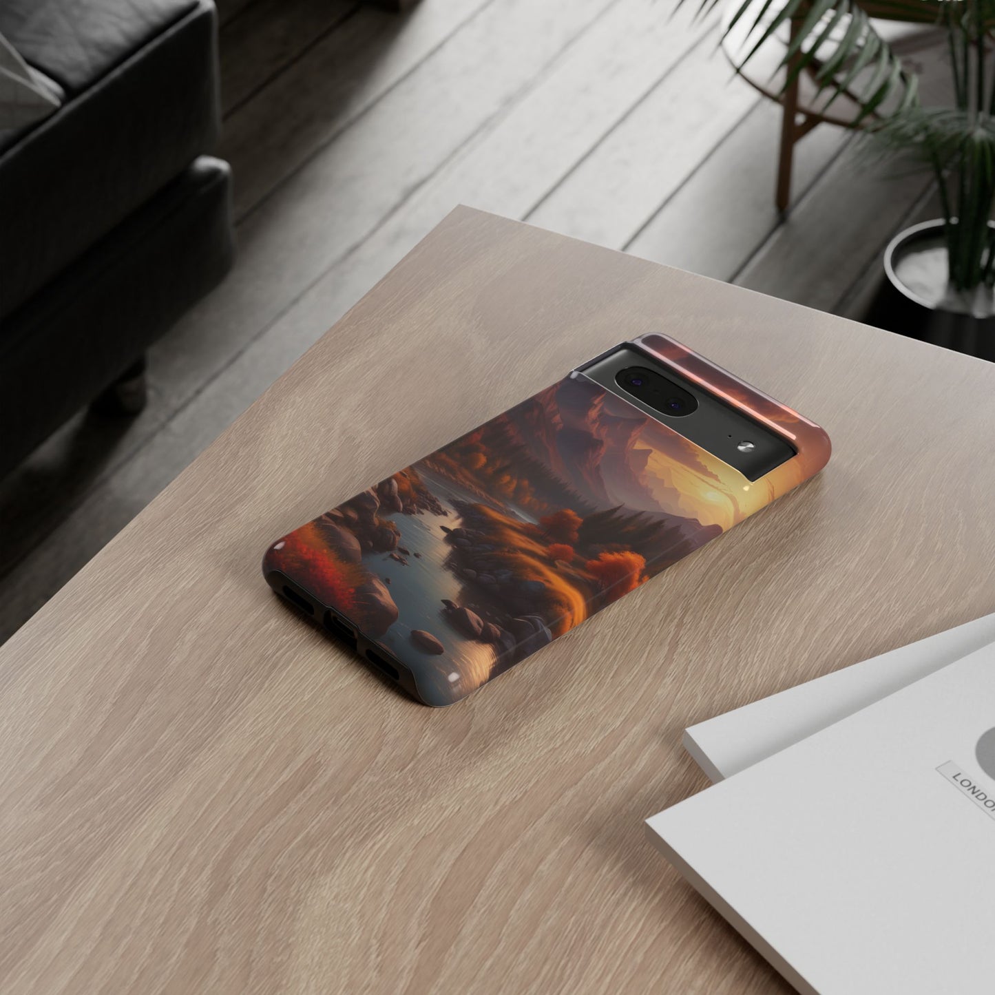 Carcasa para teléfono con diseño de atardecer otoñal en la montaña, regalo para amantes de la naturaleza, funda resistente para teléfono, accesorio para aventuras al aire libre, funda con arte paisajístico.