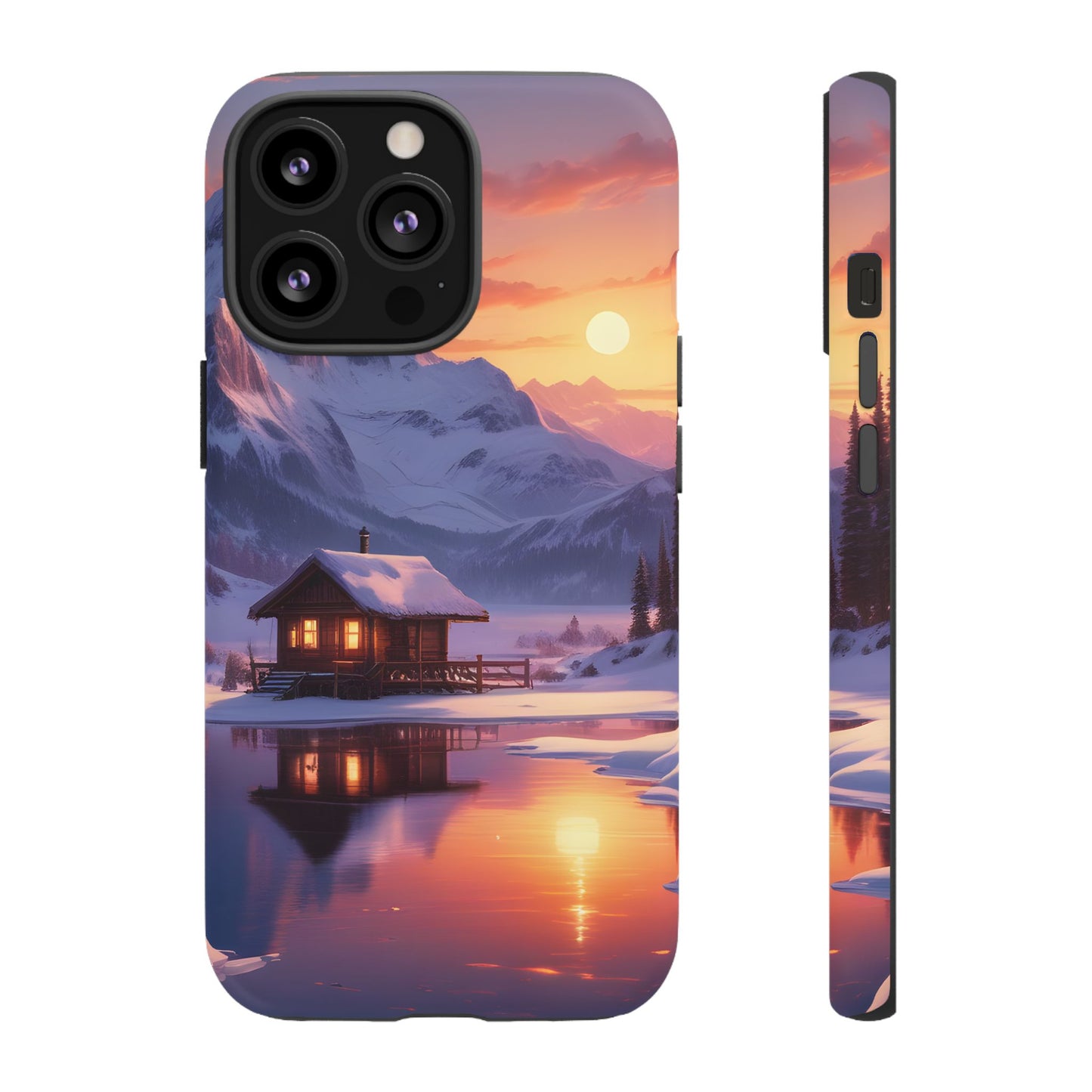 Carcasa para teléfono con diseño de cabaña en la montaña nevada, fundas resistentes para amantes de la naturaleza, cubierta de teléfono con paisaje pintoresco, regalo para excursionistas, accesorio para aventuras al aire libre.