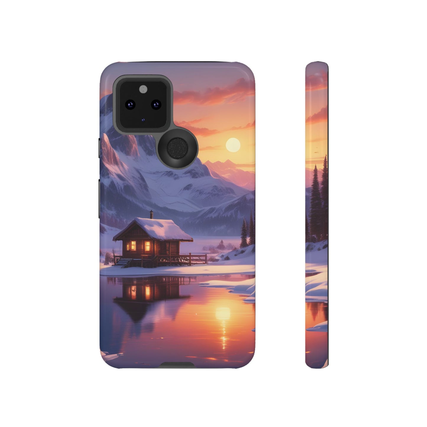 Carcasa para teléfono con diseño de cabaña en la montaña nevada, fundas resistentes para amantes de la naturaleza, cubierta de teléfono con paisaje pintoresco, regalo para excursionistas, accesorio para aventuras al aire libre.