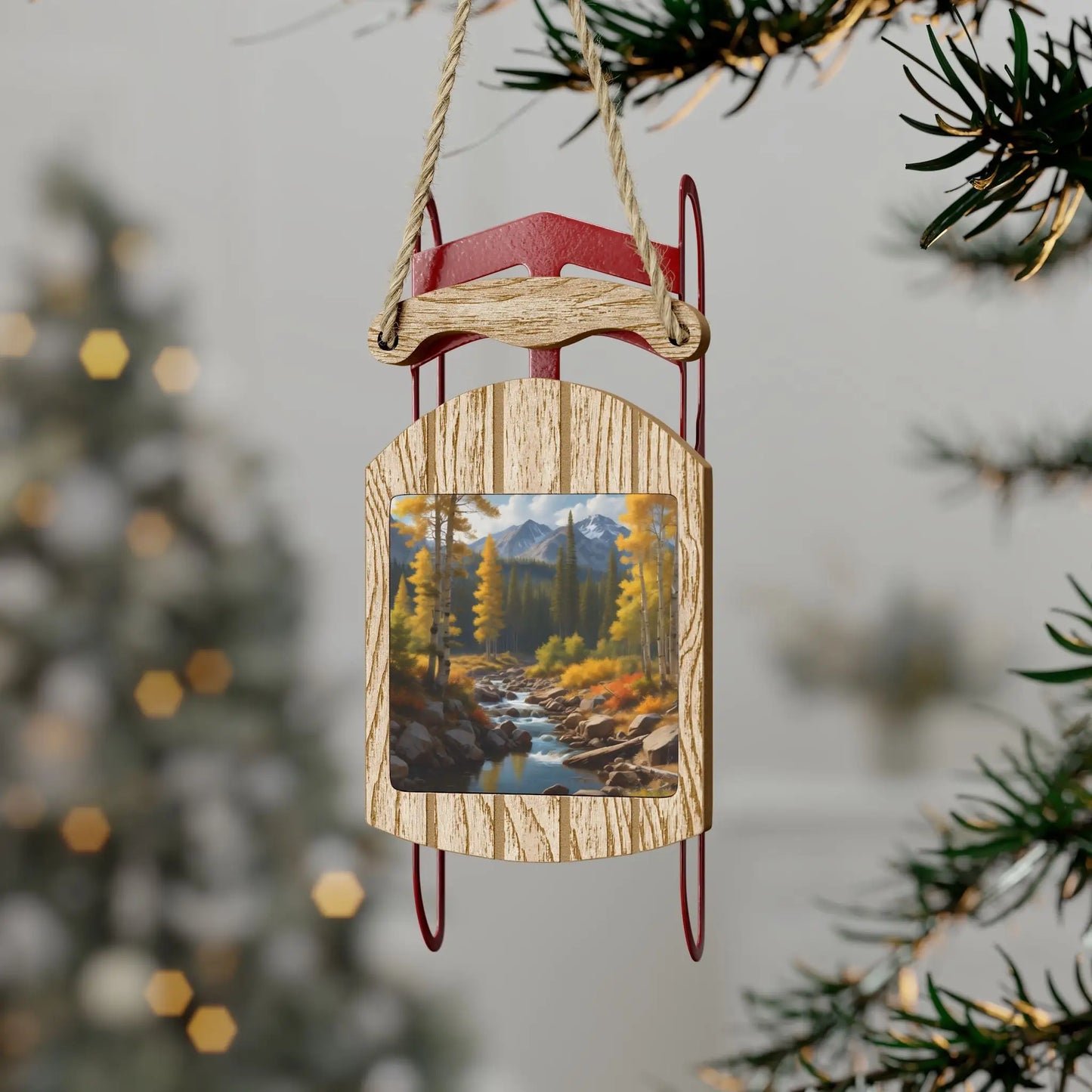Aspens in the Fall Sled Ornament — Rustic Aspen Leaf Holiday Ornament - 2.1’’ × 4.6’’ / 1 pc - Home Decor