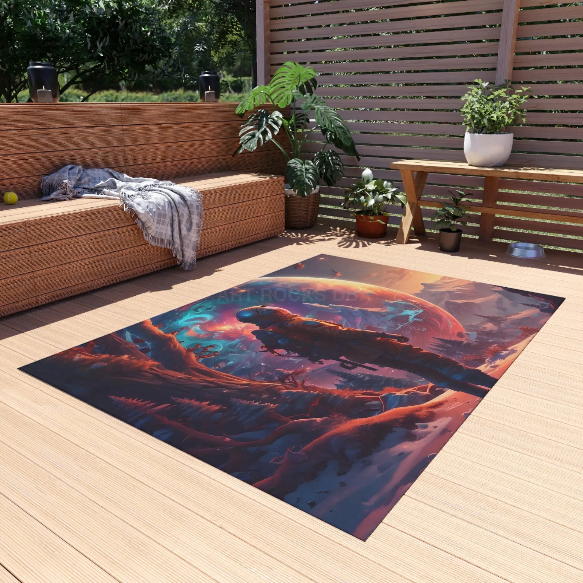 Astronaut Adventure Outdoor Rug Cosmic Patio Decor Space Lover Gift Sci-Fi Garden Mat Unique Camping Rug Starry Night