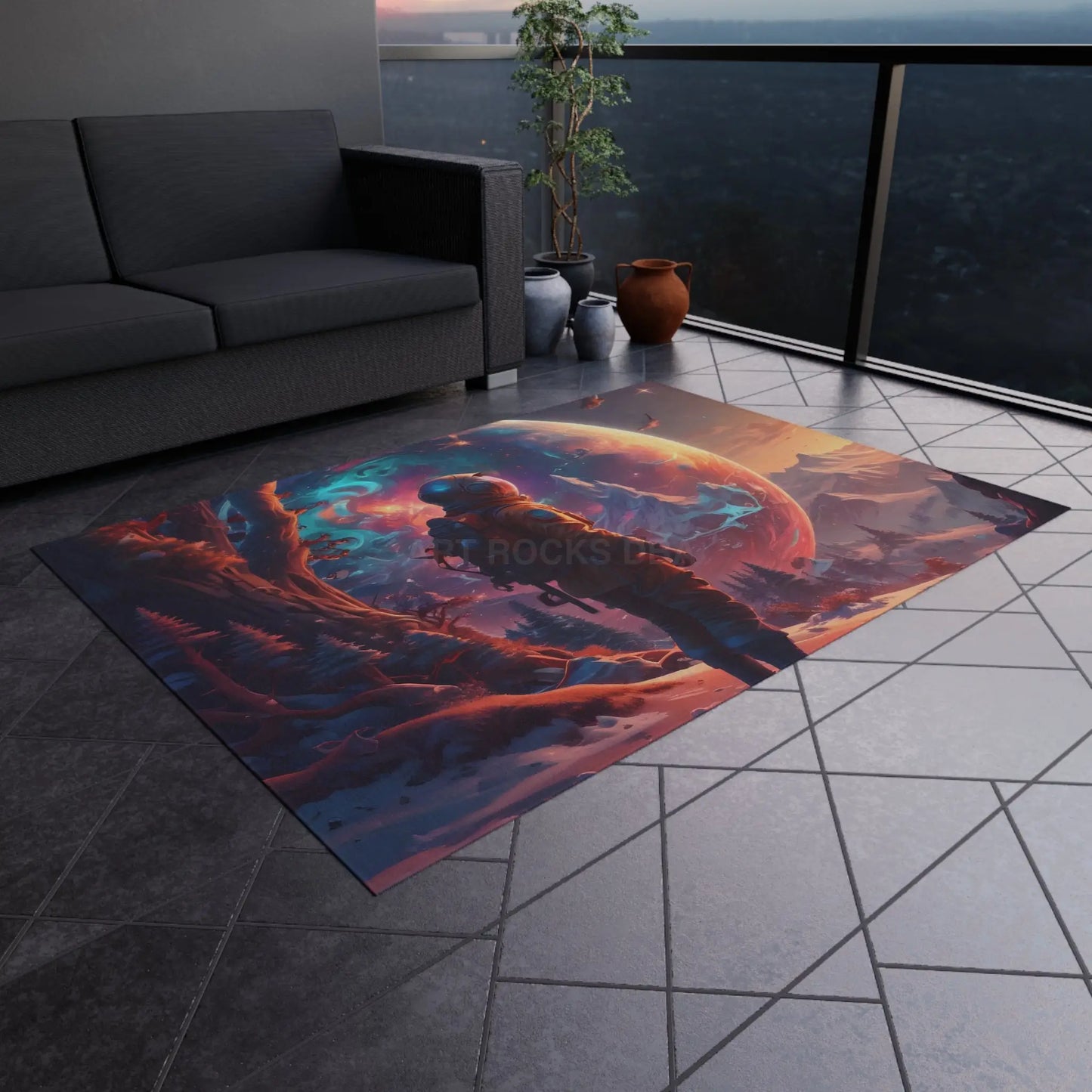 Astronaut Adventure Outdoor Rug Cosmic Patio Decor Space Lover Gift Sci-Fi Garden Mat Unique Camping Rug Starry Night