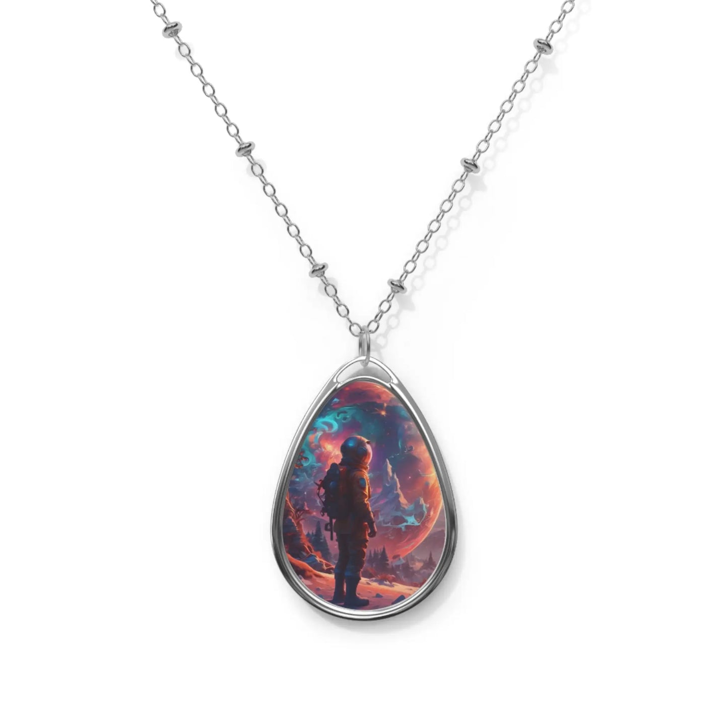 Astronaut Nebula Oval Necklace — Spacescape Pendant Jewelry - One Size / Silver - Accessories