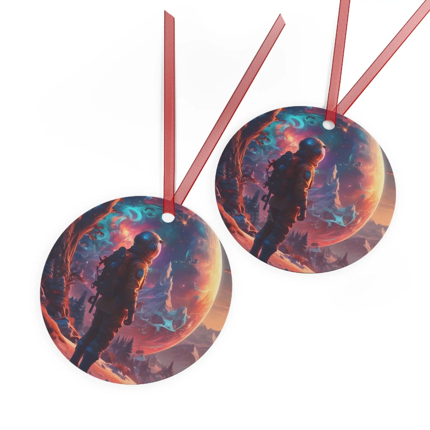 Astronaut Space Scene Metal Ornament — Cosmic Holiday Décor - Home Decor