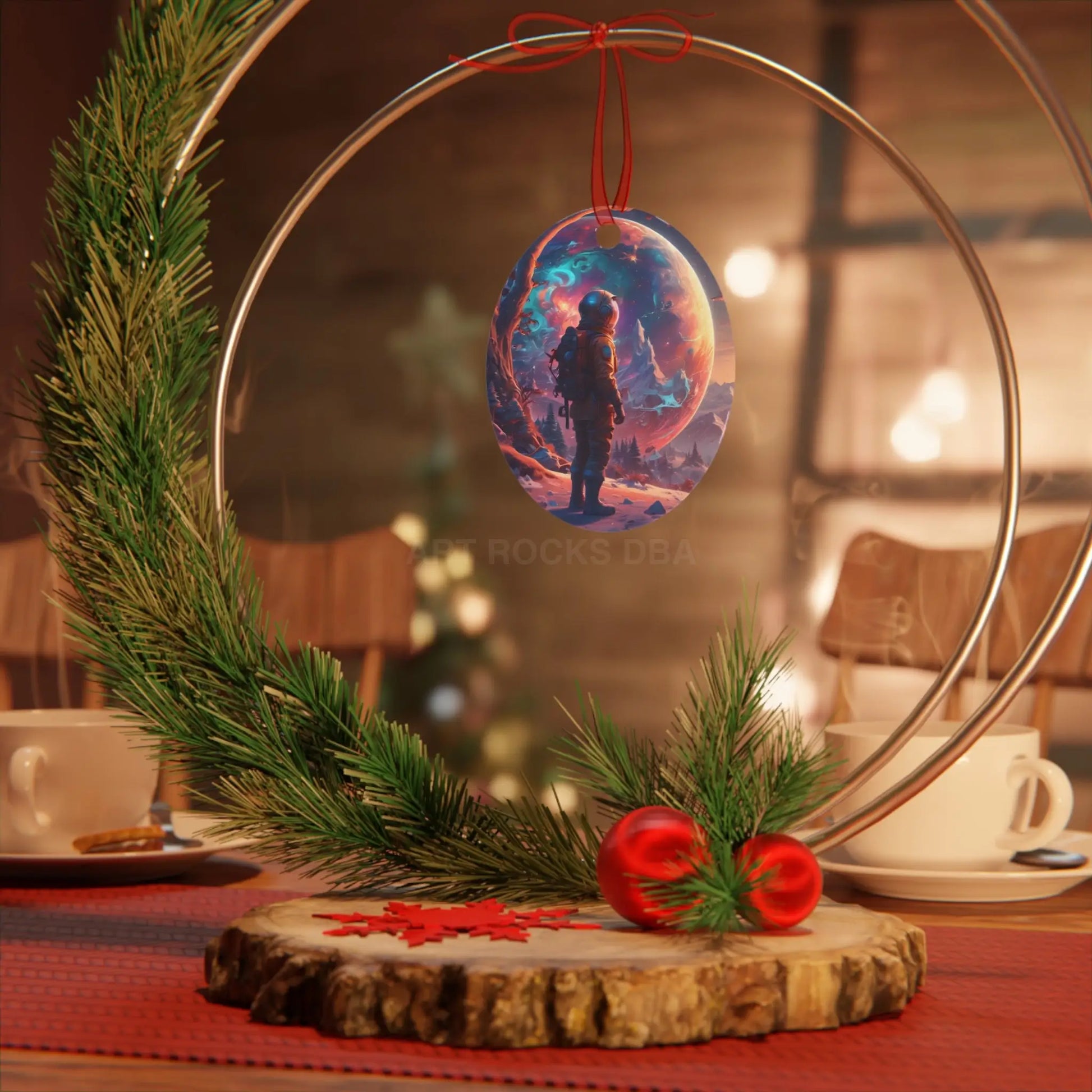 Astronaut Space Scene Metal Ornament — Cosmic Holiday Décor - Home Decor