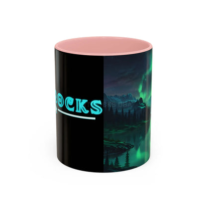Aurora Borealis Lakeside Coffee Mug – Northern Lights Scenic Accent Mug - 11oz / Pink - Mug